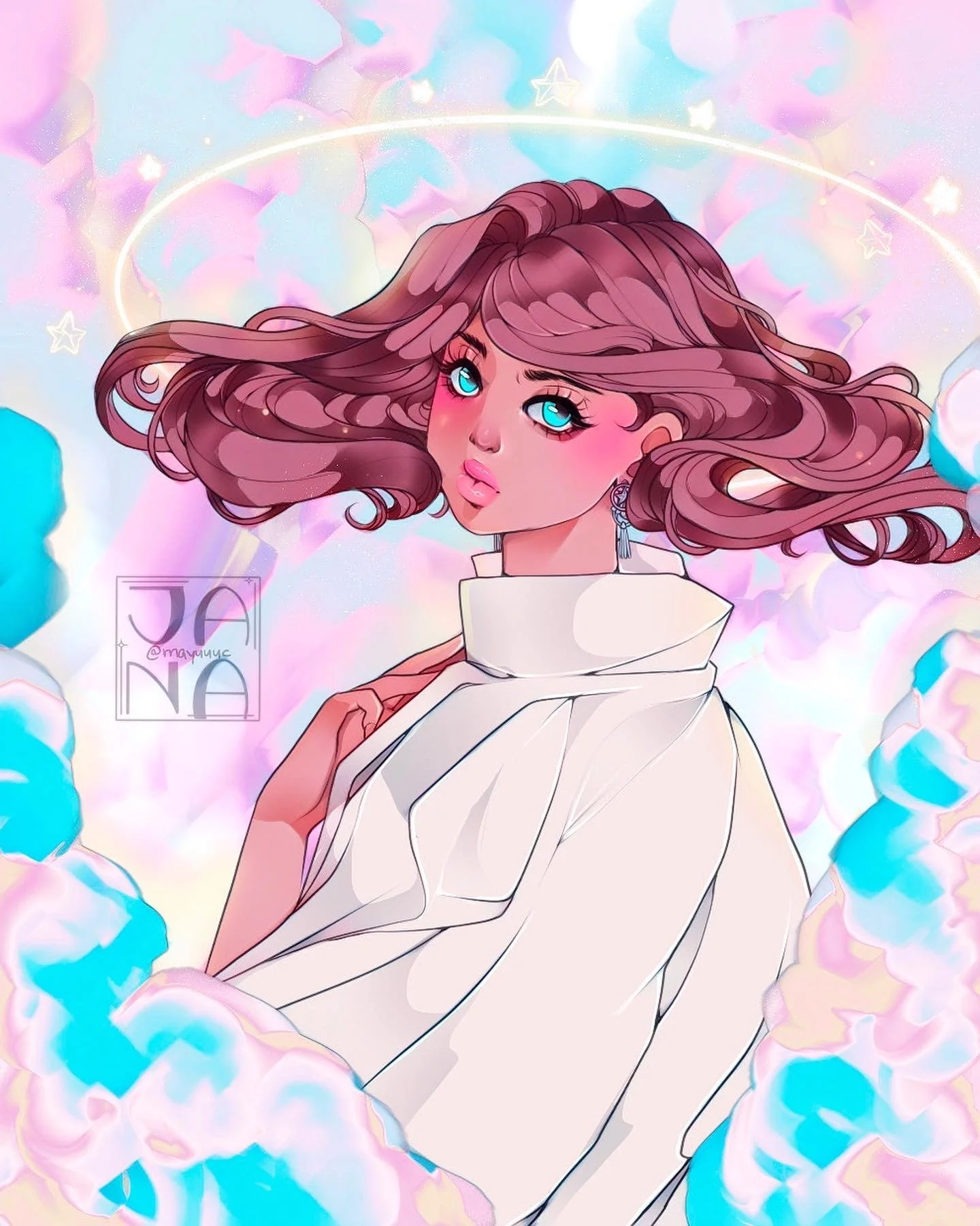 Digital illustration of a young woman with long, wavy brown hair and bright blue eyes, wearing a white top, surrounded by pastel-colored clouds, stars, and a rainbow in a dreamy background.