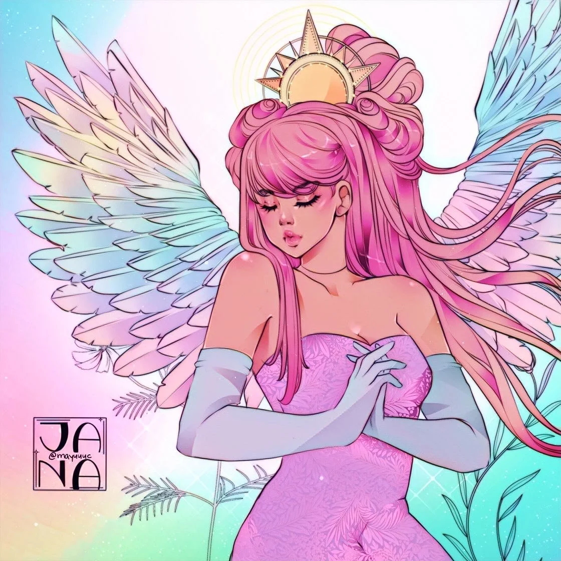 A fantasy-style illustration of a pink-haired female angel with large pastel-colored wings, wearing a strapless pink dress and long gray gloves, with a golden halo and star crown behind her head, surrounded by pastel-colored leaves and a soft gradien