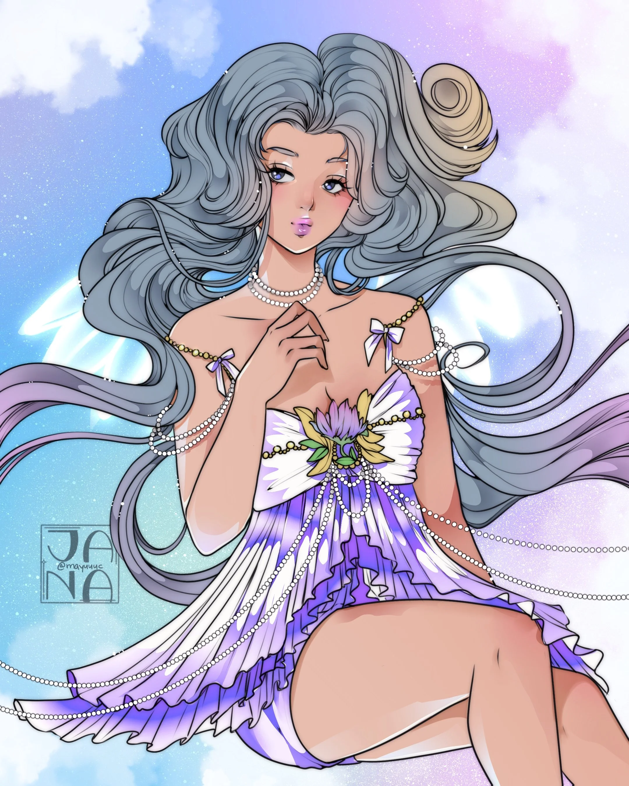 Anime-style illustration of a woman with long, flowing silver hair, blue eyes, purple lipstick, wearing pearl necklaces, a white dress with purple and yellow flowers, and bows, set against a sky with clouds and stars.