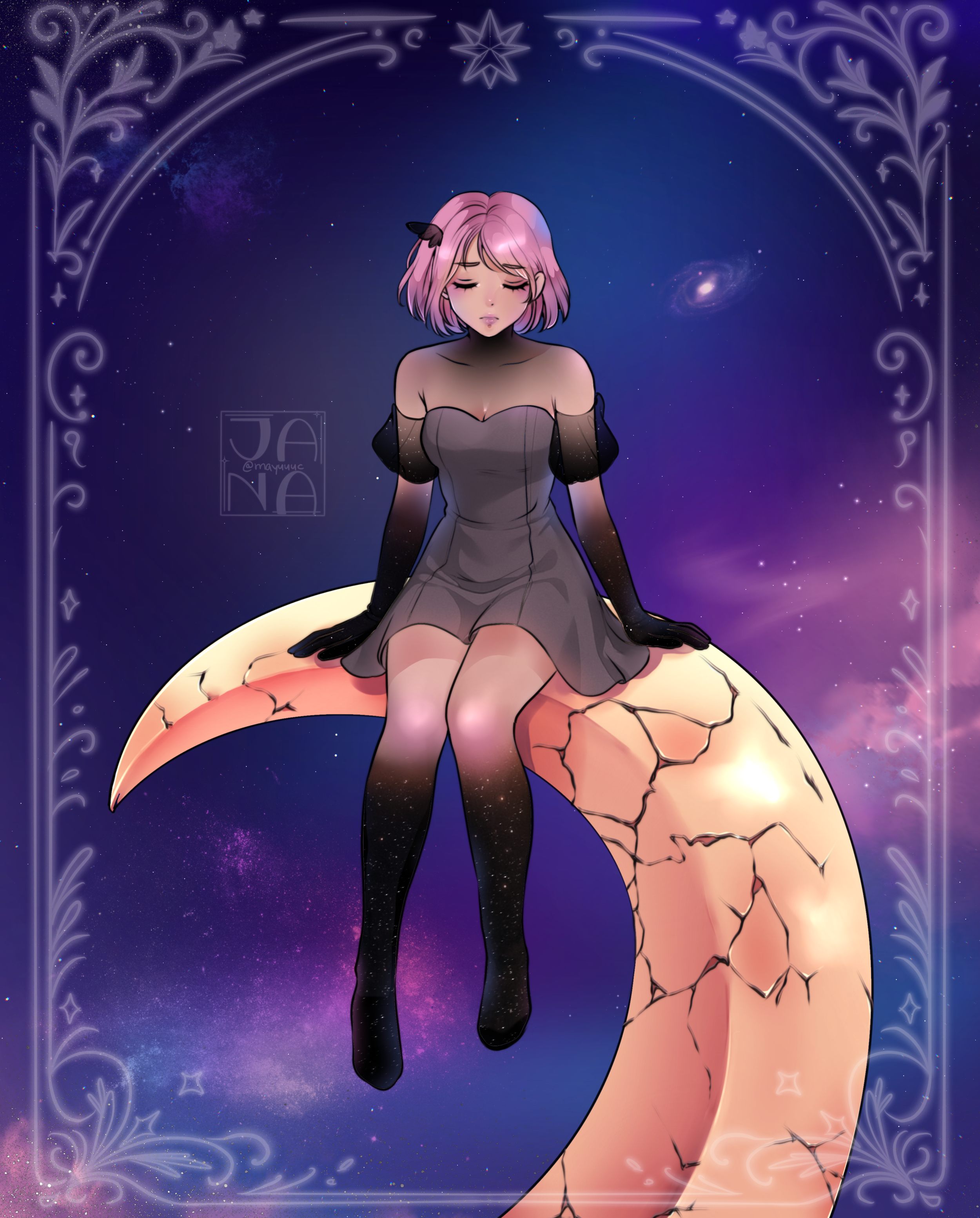 Anime-style girl with pink hair. Girl sitting on a cracked moon. Galaxy background with stars, galaxies, and a glowing border.
