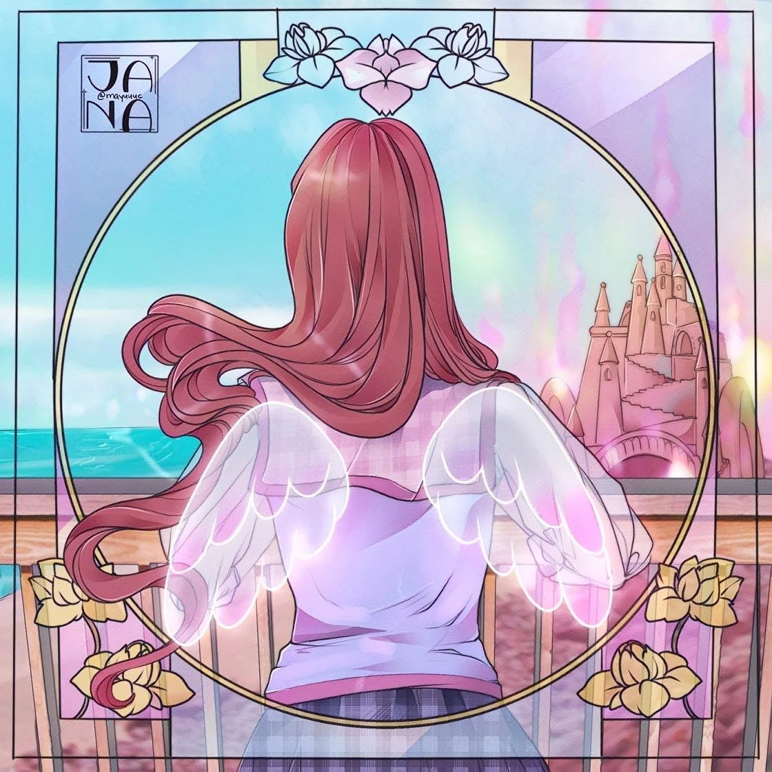 Drawing of a woman with long pink hair and angel wings looking out a window at a castle on a hill with a rainbow and rainbow-colored sky in the background, surrounded by a decorative floral border.