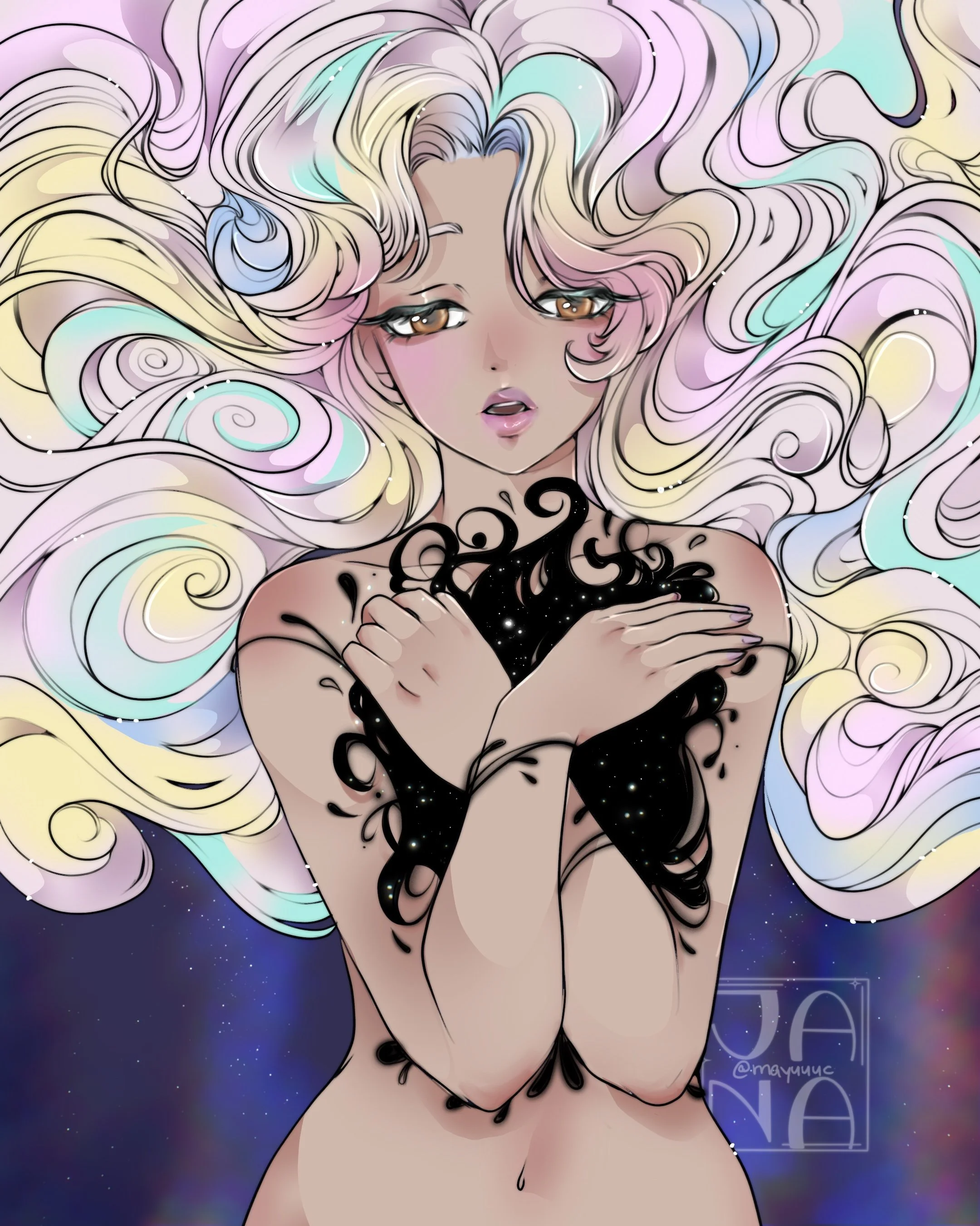 A digital illustration of a woman with long, flowing pastel-colored hair, partly covering her breasts, with a cosmic background and black floral tattoo designs on her arms and chest.