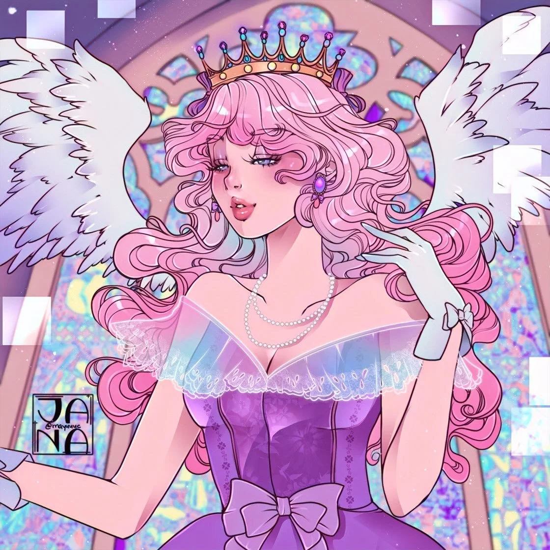 A fantasy illustration of a princess with long, wavy pink hair, wearing a crown, purple dress with lace details, pearl necklace, and gloves, with angel wings, in a cathedral-like setting with stained glass windows.
