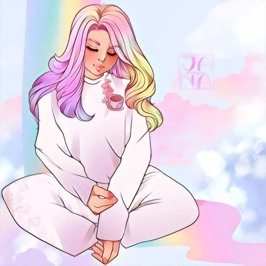 Digital artwork of a young woman with multicolored hair pink, purple, and yellow, sitting cross-legged against a pastel rainbow sky with clouds, wearing a white sweater with a coffee cup and steam design.