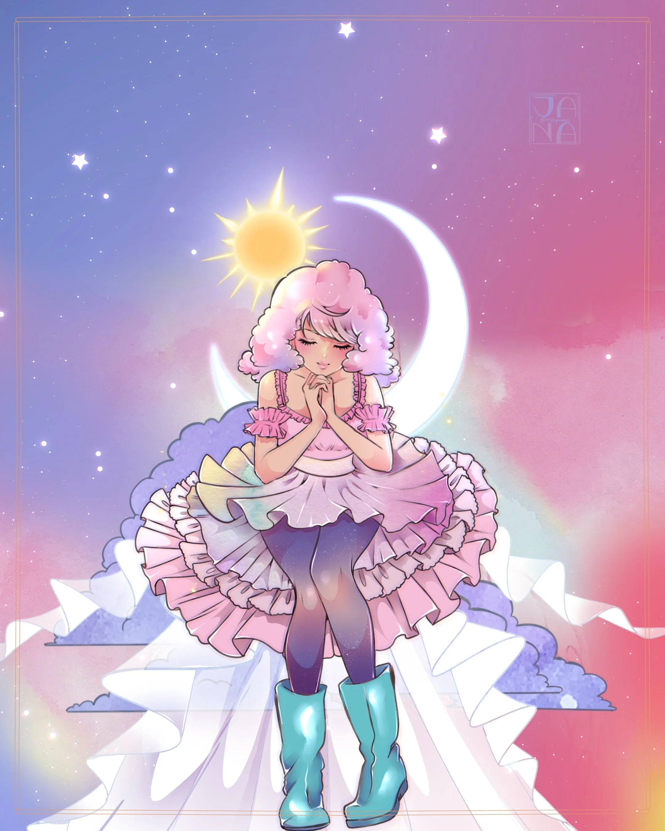 Anime-style girl with pink wavy hair, wearing a pink dress with purple accents, teal boots, and standing on a cloud with a starry sky, moon, and sunrise in the background.