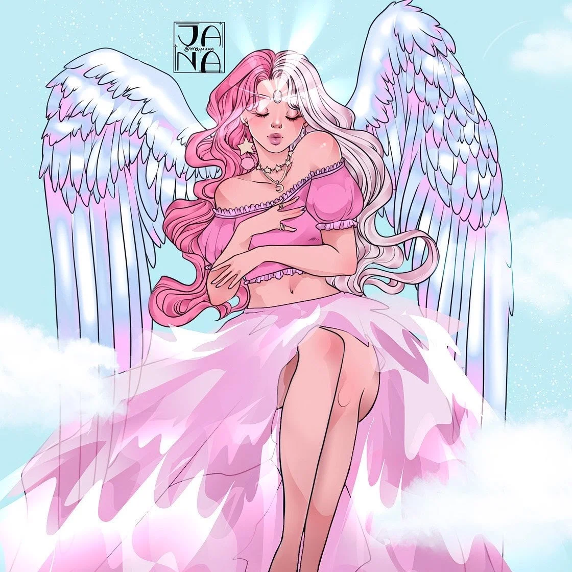 Digital artwork of a pink-haired angel with wings, sitting on a cloud, wearing a pink off-shoulder top and a flowing pink skirt, surrounded by a light blue sky with small clouds.