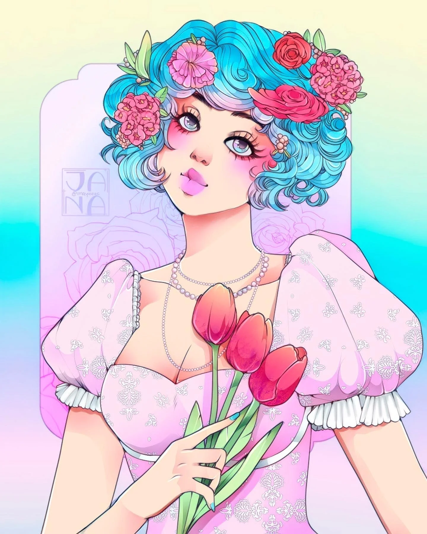 Anime-style illustration of a girl with blue, pink, and purple curly hair decorated with flowers, holding red tulips, wearing a pink lace dress and pearl necklaces, against a pastel rainbow gradient background.