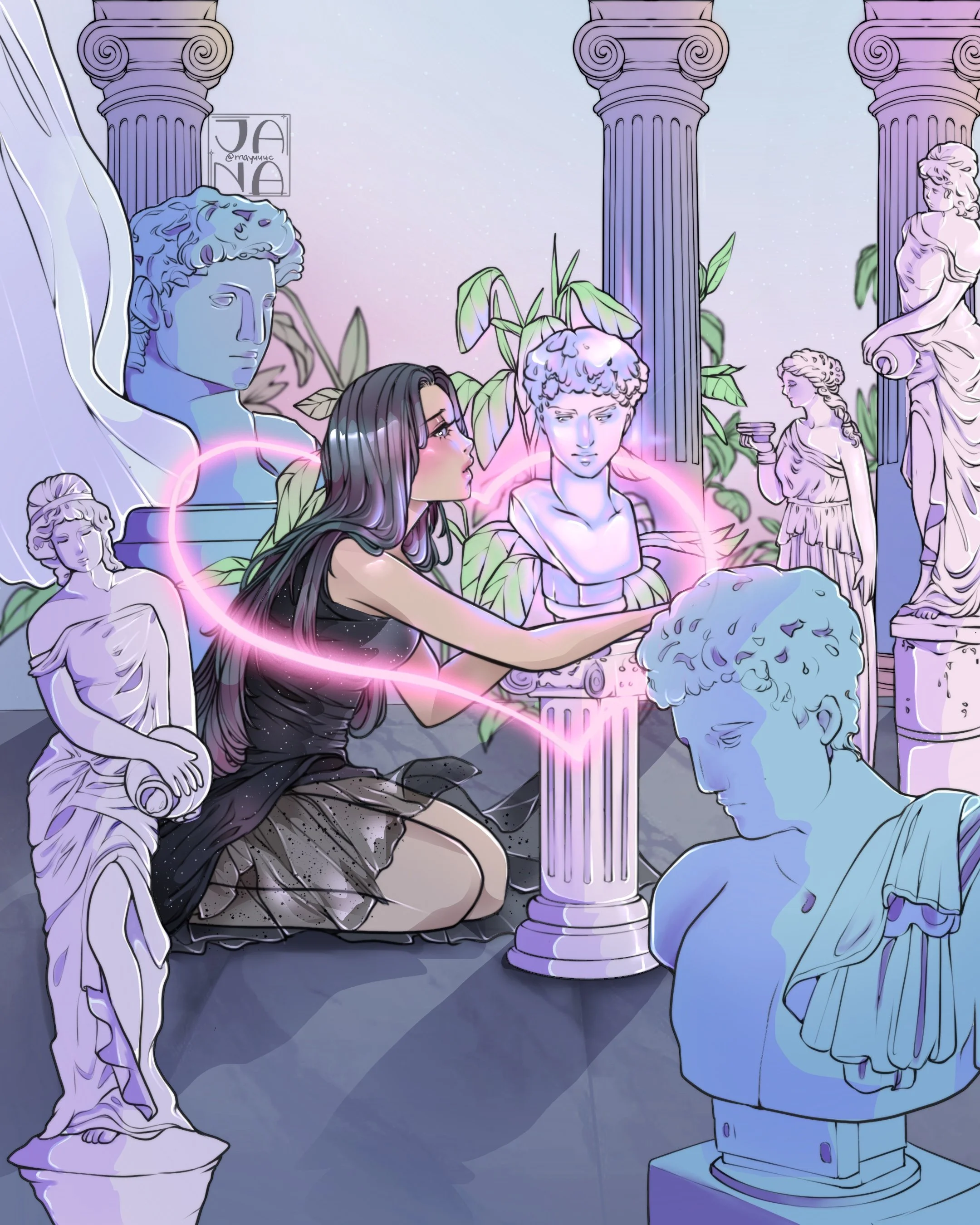 Digital illustration of classical sculptures and historical columns with vibrant pastel colors.
