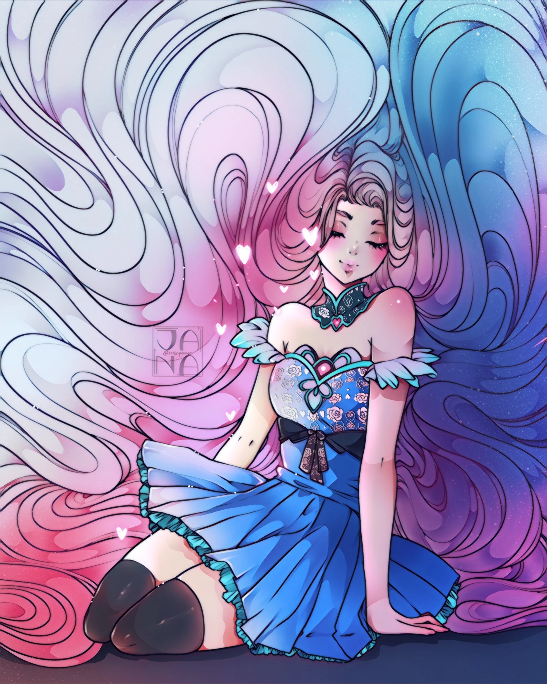 Illustrated girl with long, flowing pink and purple hair, wearing a blue dress with ruffles and a black bow, posed against a swirling, colorful background with pinks, blues, and purples and small glowing heart shapes.