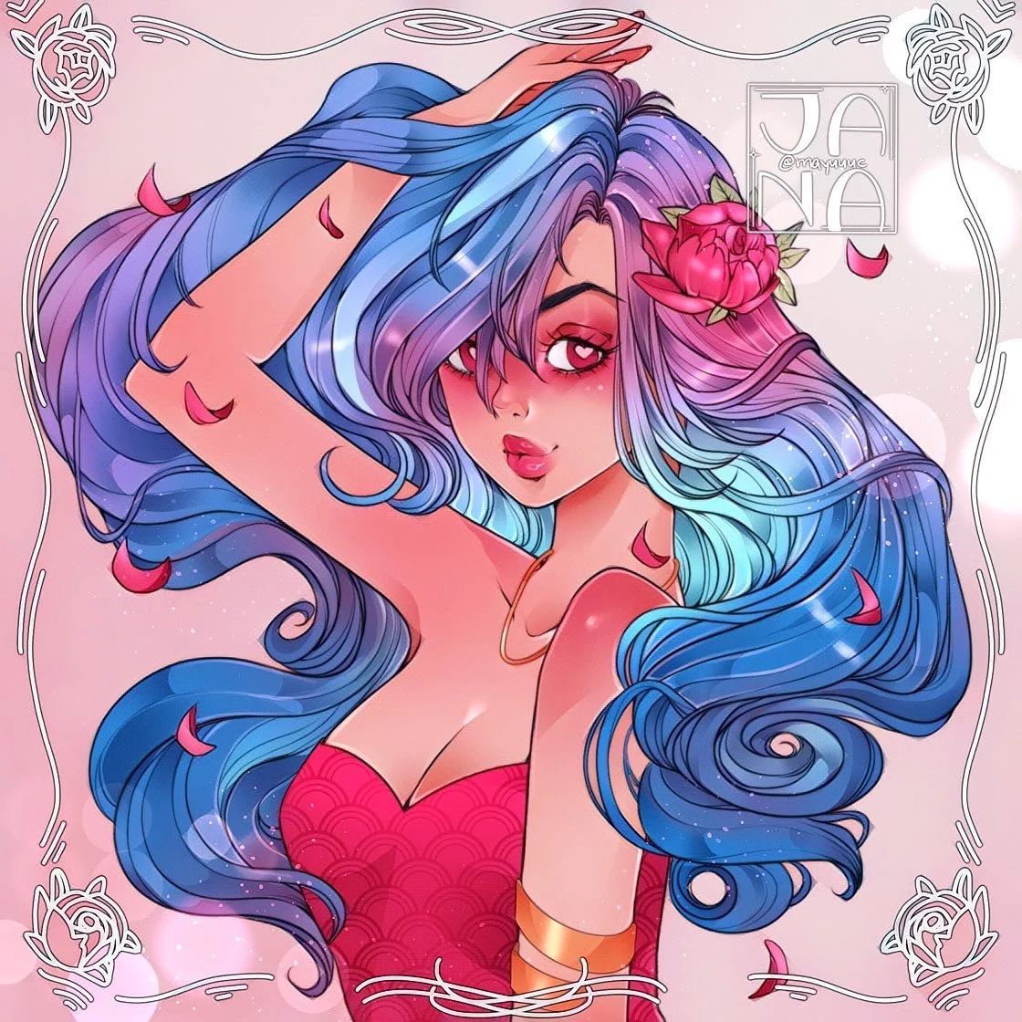 Digital illustration of a woman with long, flowing, multicolored hair in shades of blue, purple, and teal, with a pink flower in her hair. She has pink eyes, blush on her cheeks, and is wearing a red strapless top. Petal-like accents float around her