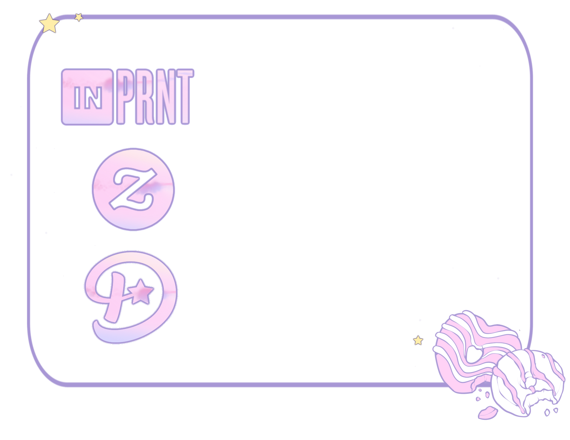 A computer screen displaying a pastel-colored digital art or graphic design with text saying 'IN PRINT' at the top left and various icons and symbols, including a star, a heart, and a swirl pattern.