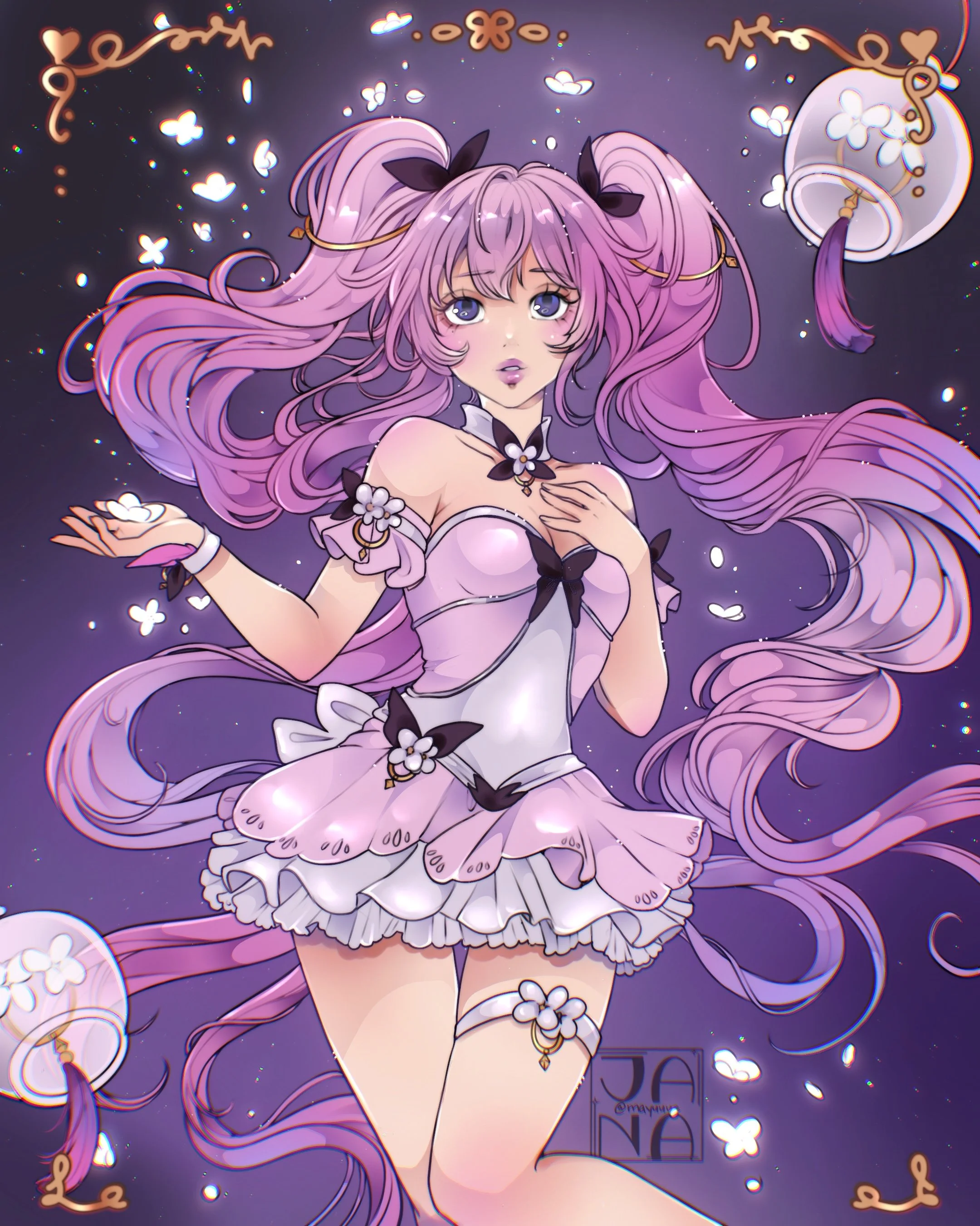 Anime-style illustration of a female character with long, flowing purple hair, adorned with black bows and floral decorations. She wears a pink and white dress with black accents, and is surrounded by floating white butterfly-like shapes and decorati