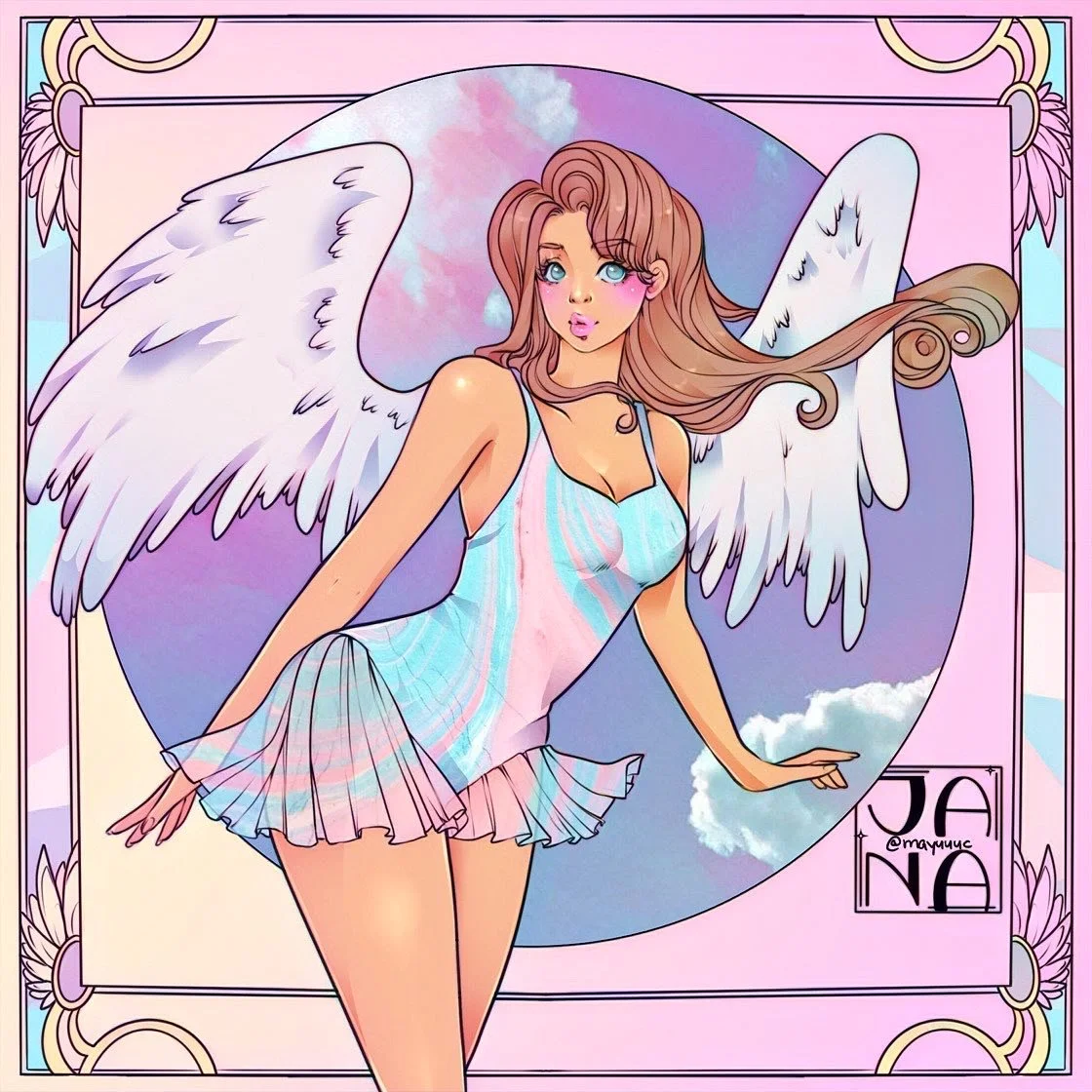 Anime-style girl with pink lips and long brown hair, wearing a pastel-colored dress, with angel wings, standing in front of a sky background with clouds and pink, purple, and blue hues.