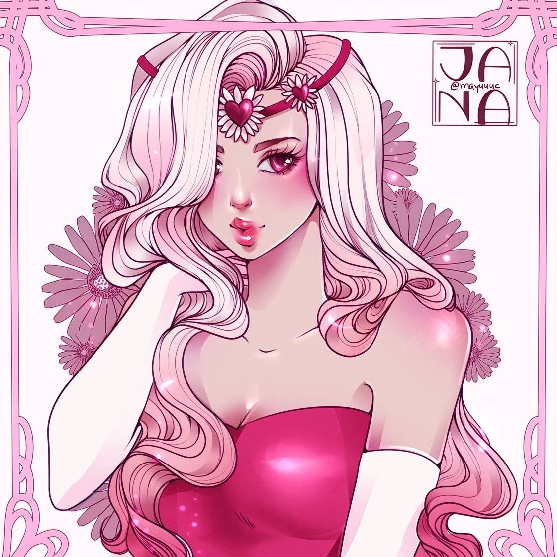 Anime-style illustration of a young woman with long pink and white hair, pink eyes, and a pink strapless dress, surrounded by pink flowers, with a pink and white border.