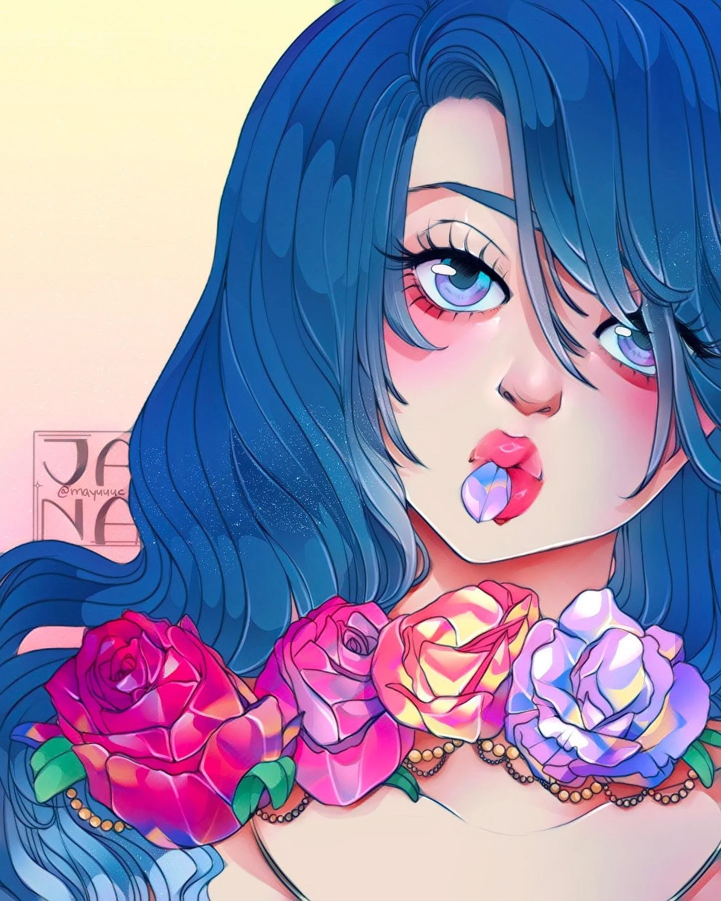 A digital illustration of a woman with long blue hair and large violet eyes, surrounded by pink, purple, and white roses.