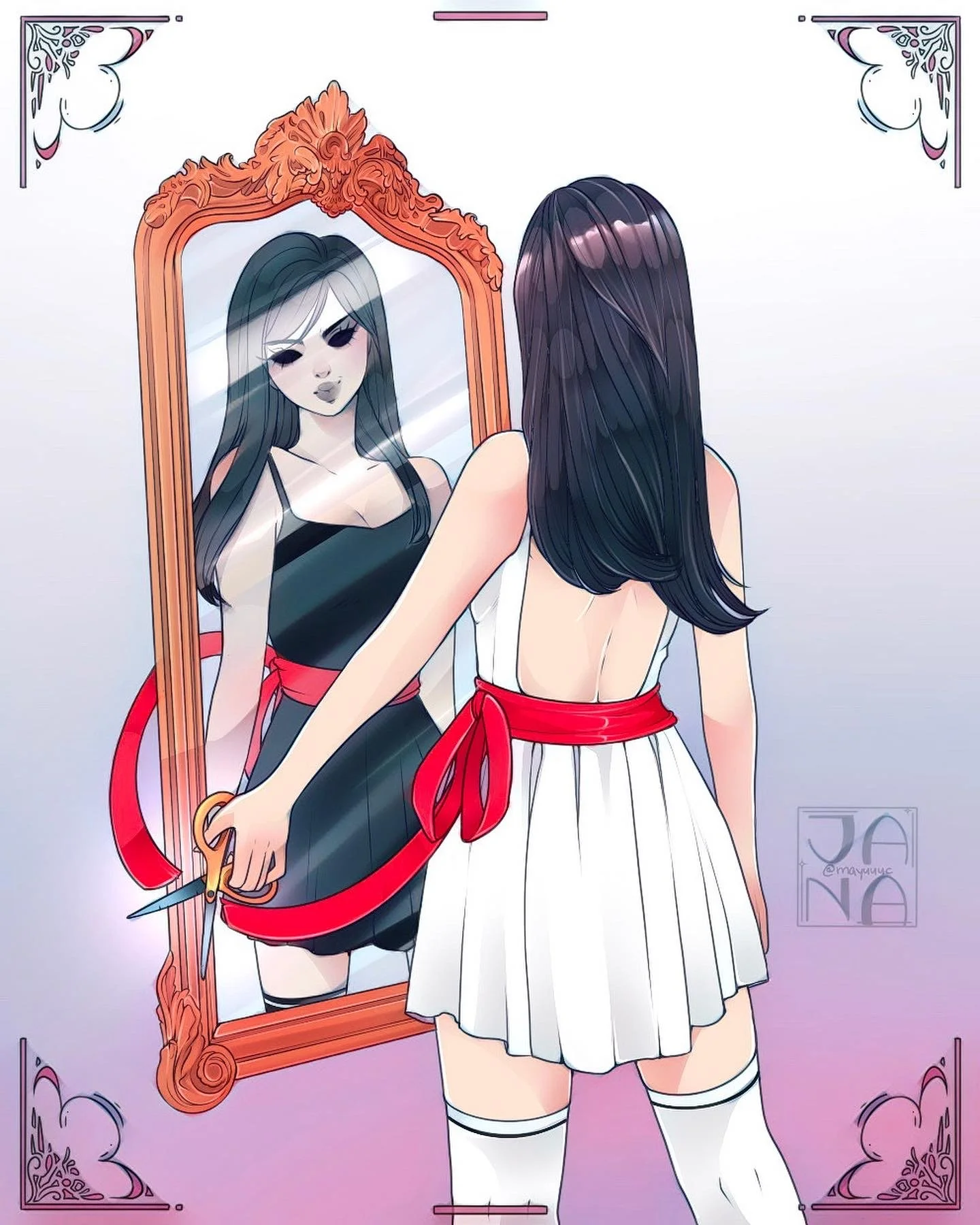 A young woman with long dark hair looking into a decorative mirror, holding a pair of scissors in her right hand, wearing a white dress with a red ribbon around her waist, seen from behind.