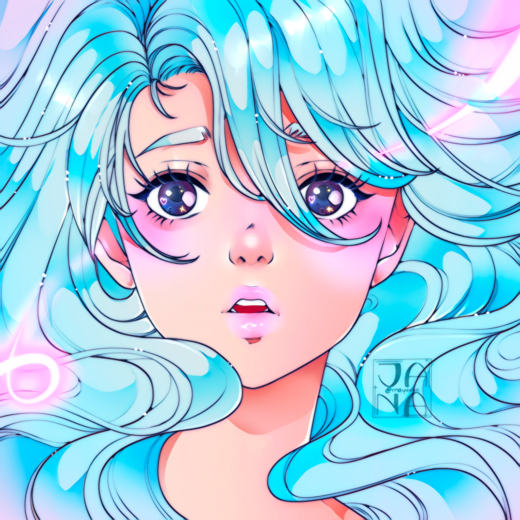 Close-up of an illustrated girl's face with large, shiny eyes with reflections, pink lips, and long, wavy hair in shades of blue with black outlines, in a vibrant, colorful style.
