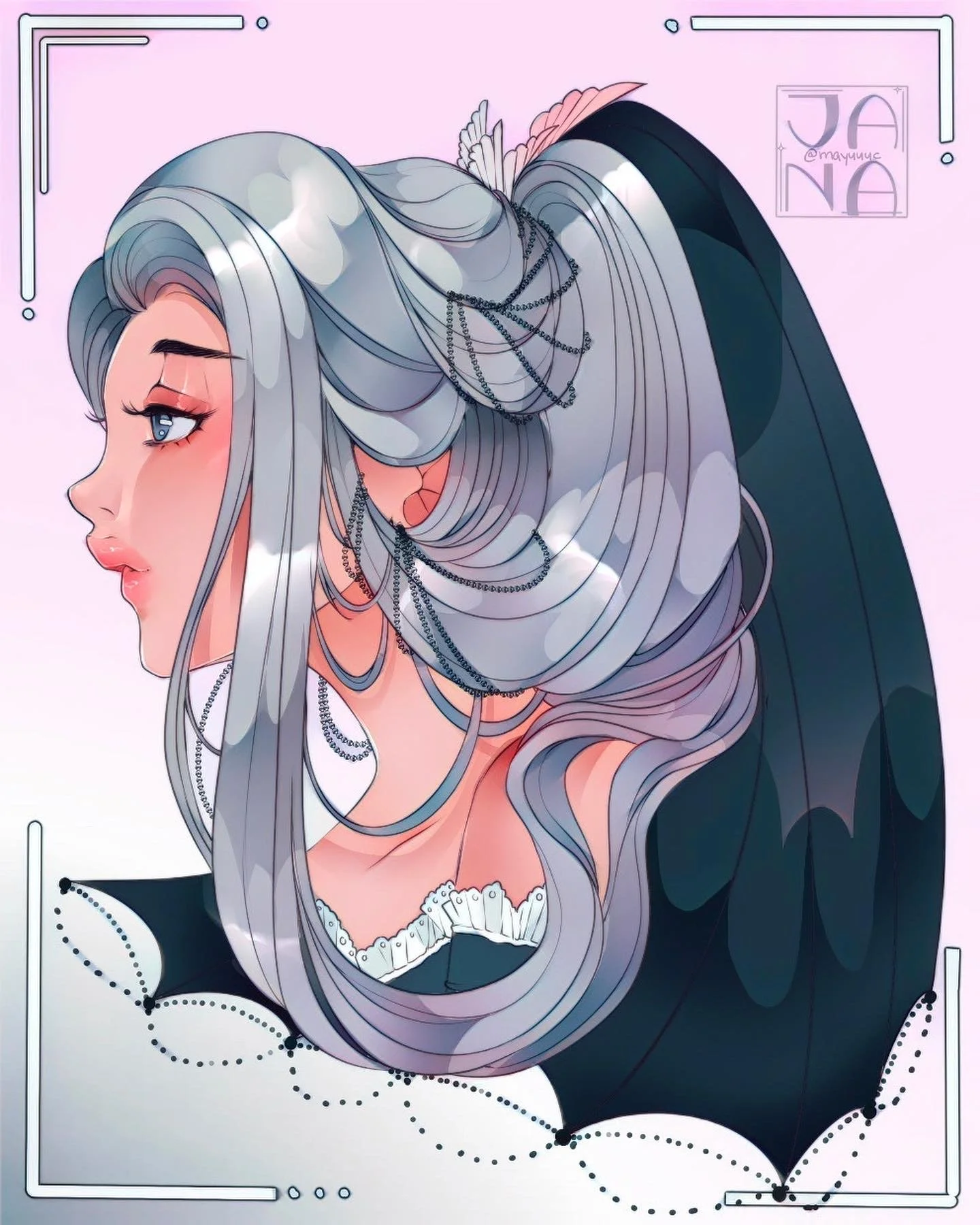 Digital illustration of a woman with long flowing silver hair, wearing a black dress with white lace and multiple layered necklaces, set against a pink background with decorative borders.