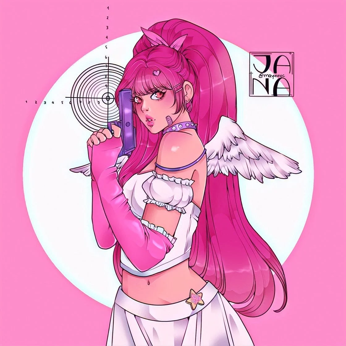 Digital illustration of a pink-haired anime-style girl with angel wings holding a gun, against a pink background with target markings.