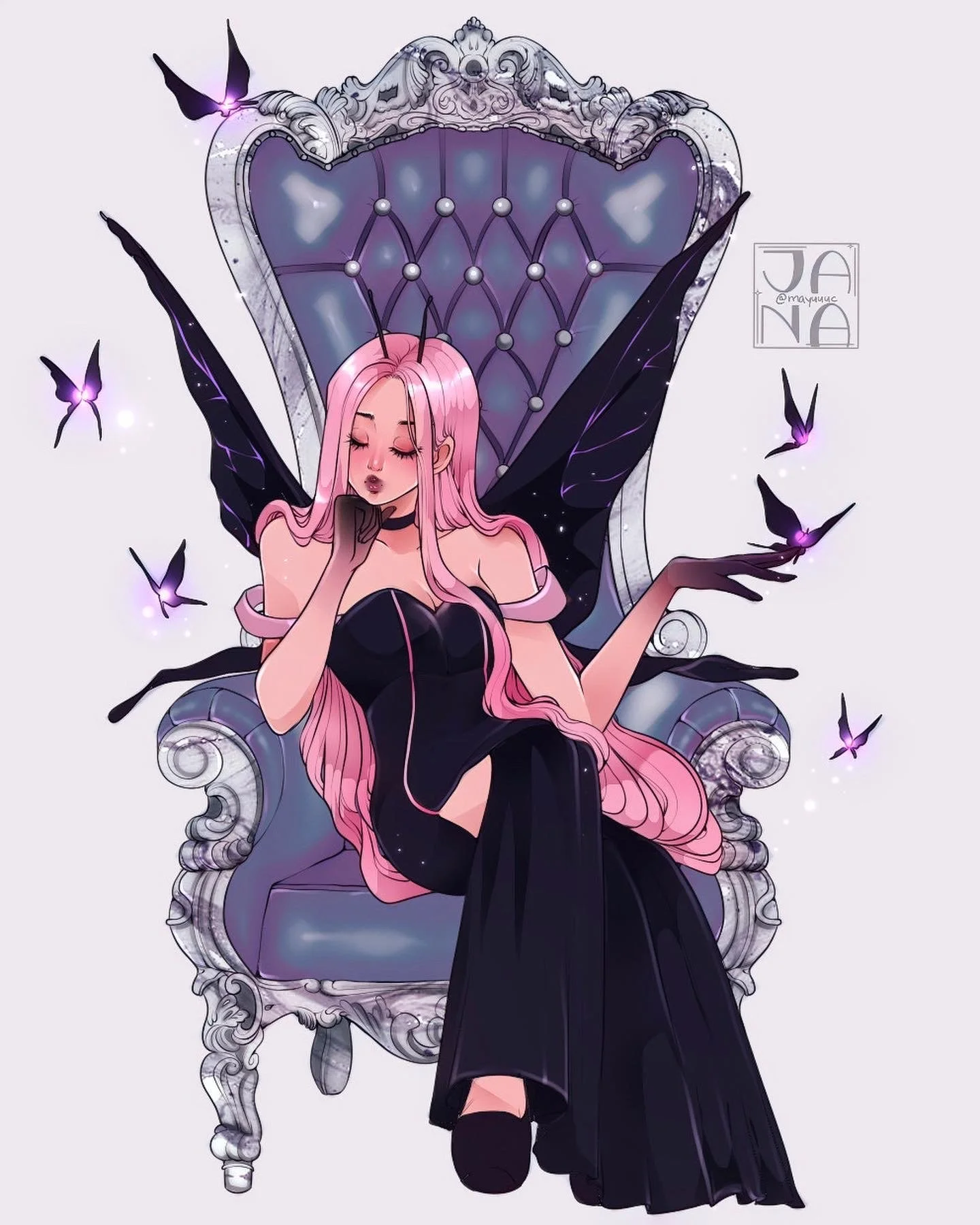 A girl with long pink hair sitting on a large, ornate purple throne with silver accents, surrounded by flying black and purple butterflies, wearing a black dress and black gloves, with closed eyes and a dreamy expression.