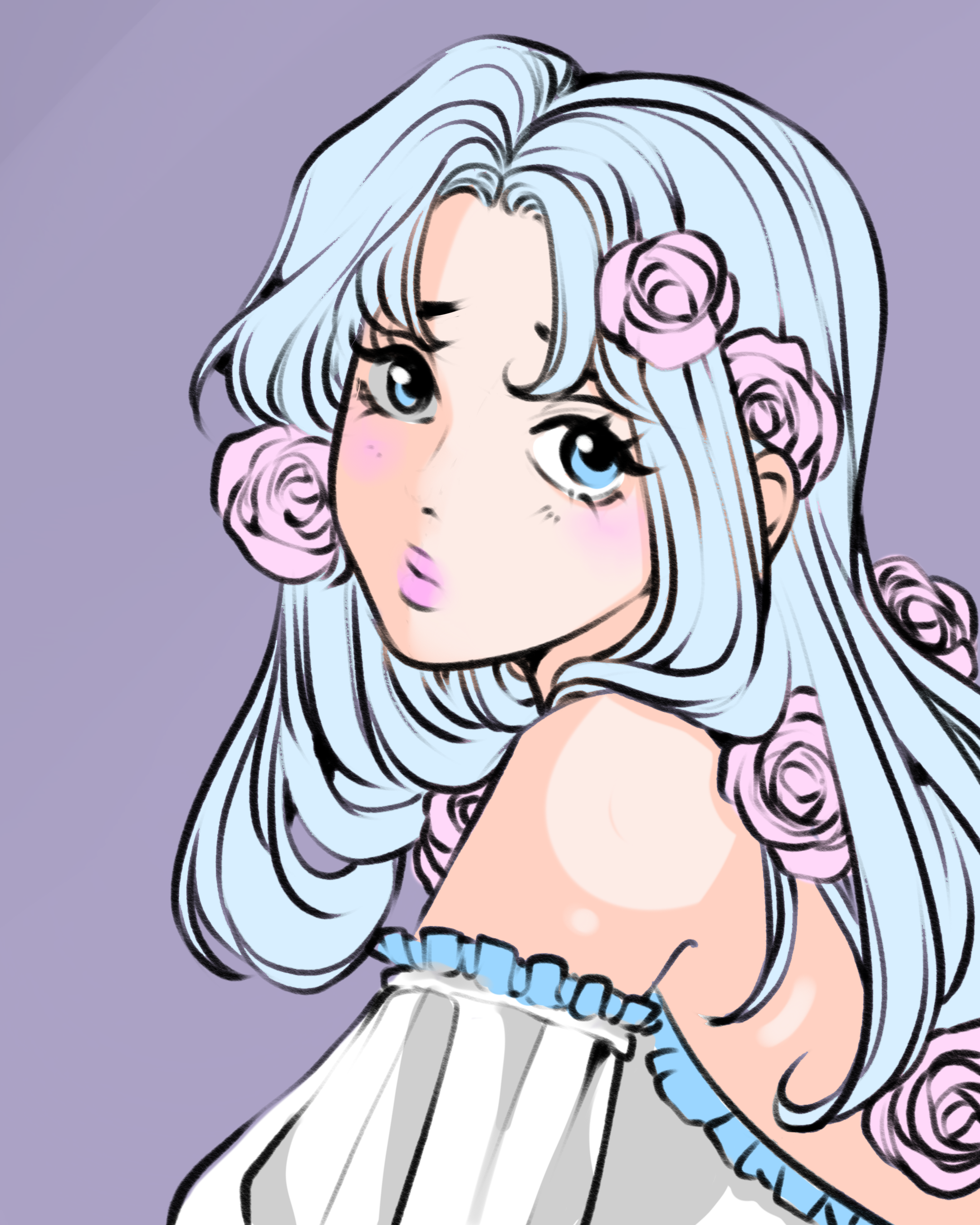 A digital drawing of a girl with long wavy light blue hair decorated with pink roses, winking, with blush on her cheeks, wearing a striped top. The background is purple.