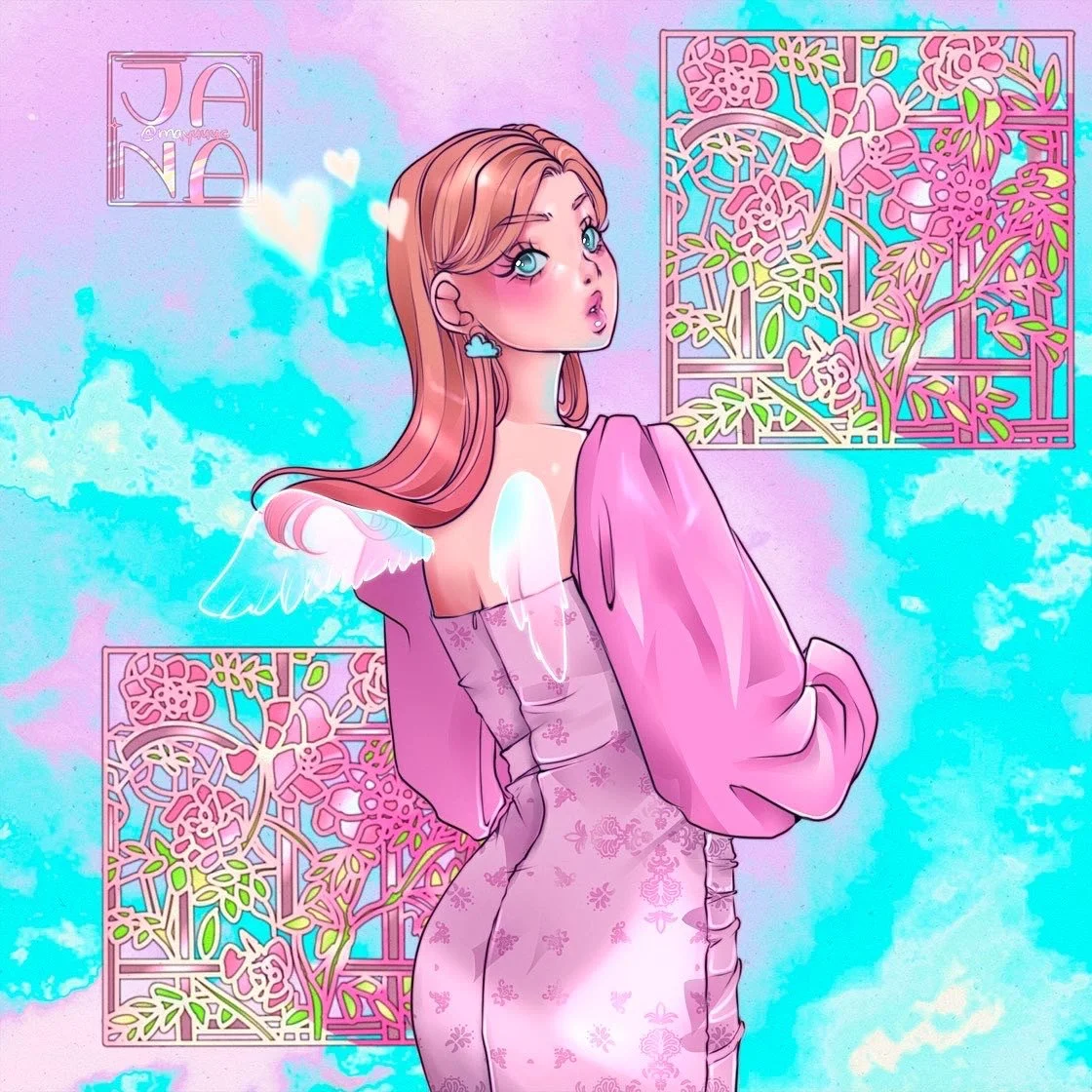 Digital illustration of a young woman with long reddish hair and blue eyes, wearing a pink dress with puffed sleeves, standing against a colorful dreamy background with clouds, hearts, and decorative panels with floral patterns.