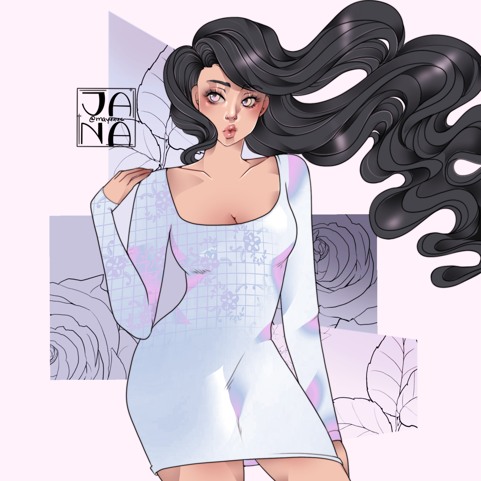 Digital illustration of a woman with long black hair lying on a pillow, wearing a light blue checkered dress, background with floral outlines.