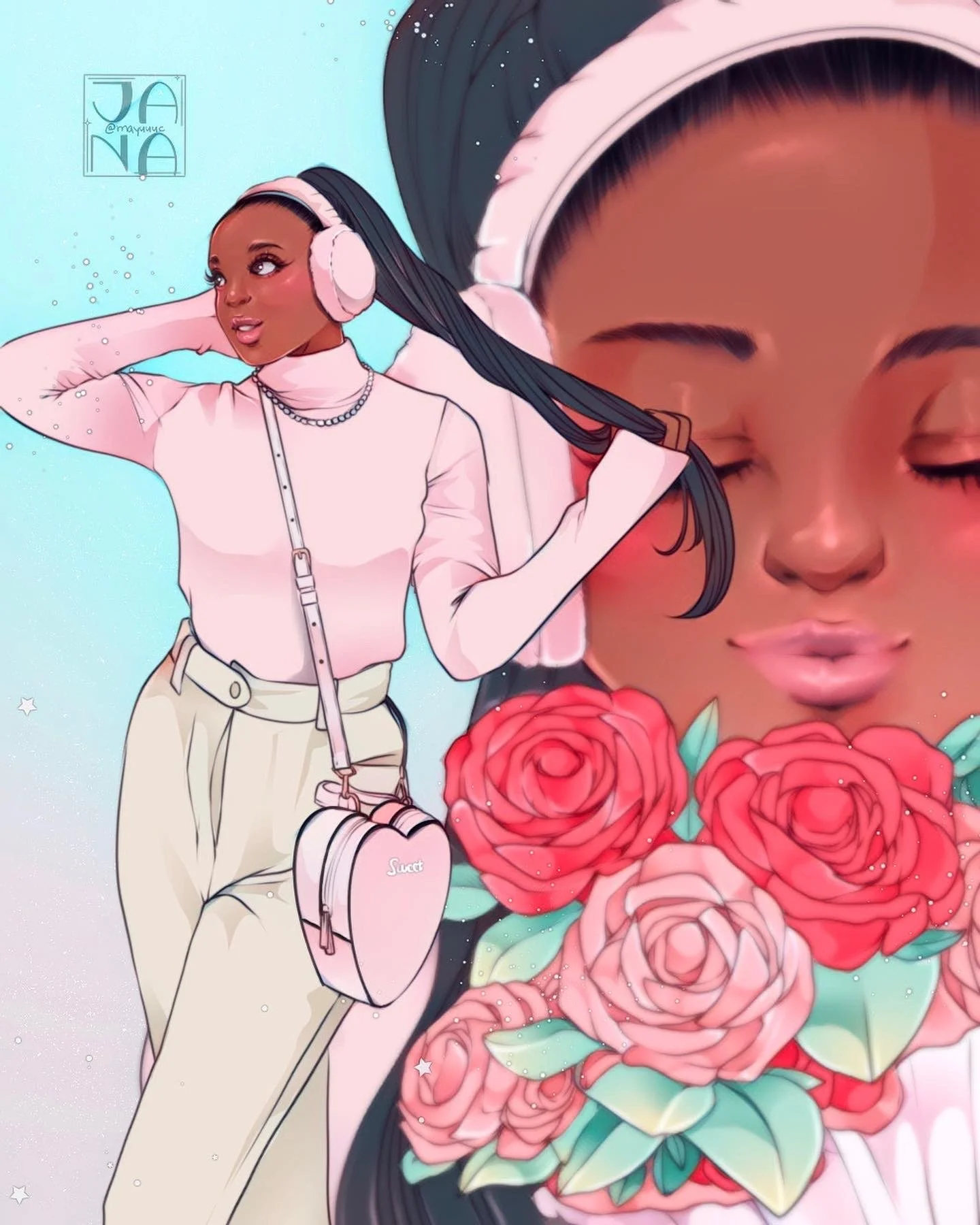 Digital illustration of a woman with dark hair and a white headband, wearing a pink shirt and beige pants, holding a pink heart-shaped purse, with a large, detailed portrait of a woman's face surrounded by roses in the background.