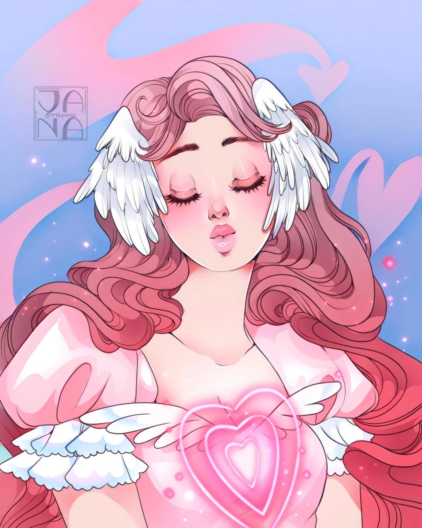 Digital illustration of a girl with long pink hair and closed eyes, wearing angel wings and a pink outfit with a glowing heart in her hands, set against a pastel blue and pink background with hearts and sparkles.