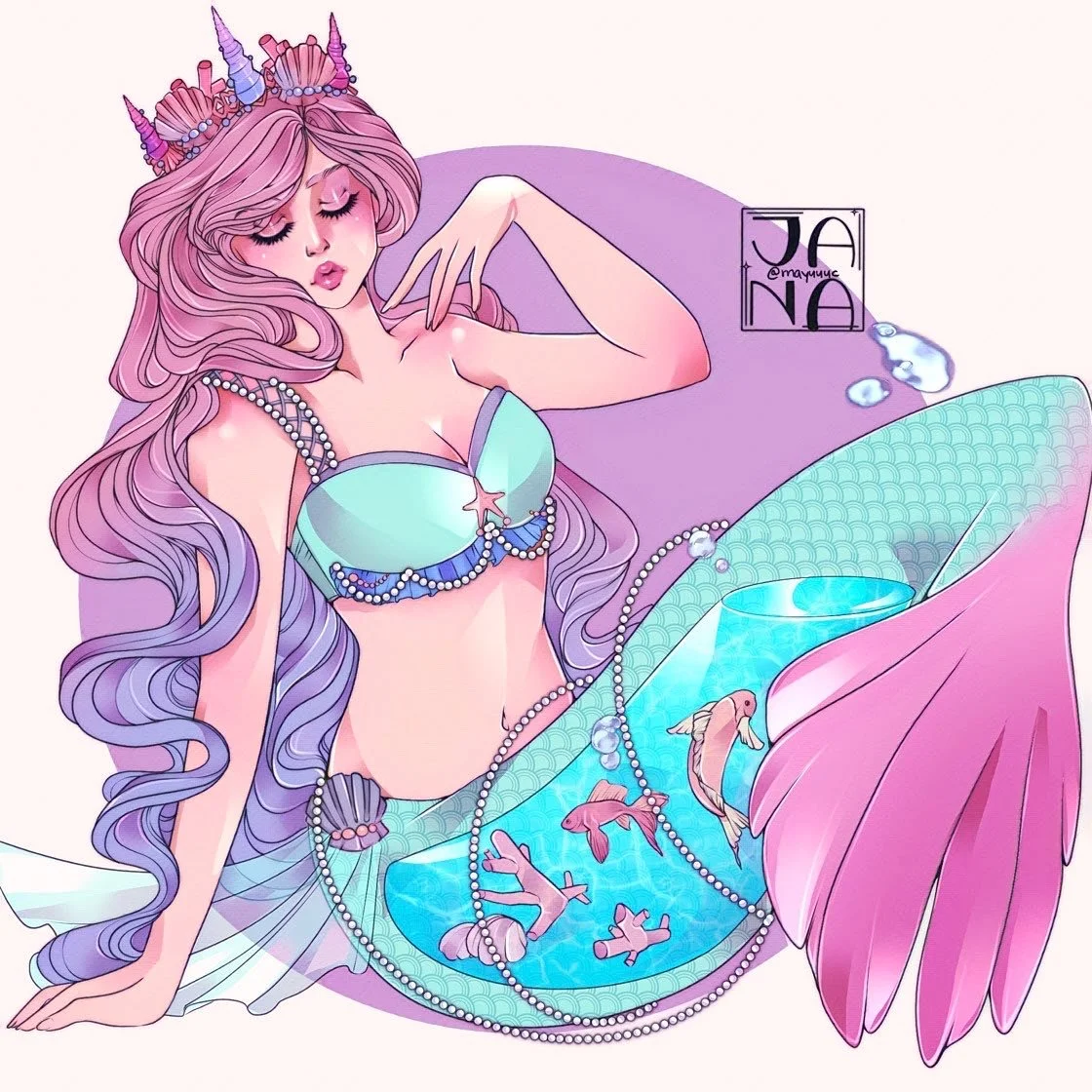 Digital illustration of a mermaid with long pink and purple hair, wearing a seashell bikini top, decorated with pearls and starfish, sitting with her tail partially visible. She has a crown made of shells and appears to be resting with eyes closed.