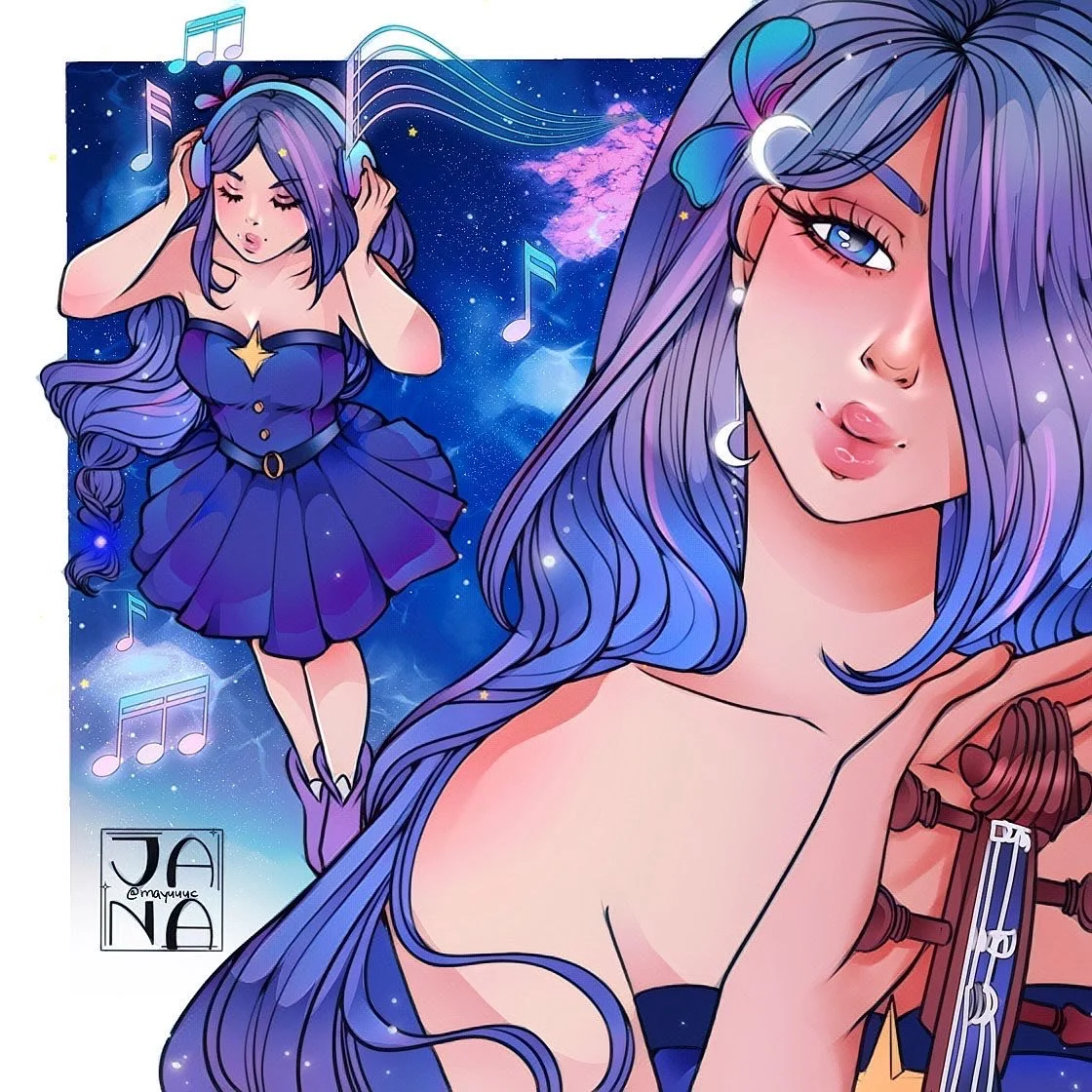 Digital illustration of a young woman with long blue/purple hair, wearing a strapless navy dress with celestial moon and star motifs. She is playing a violin and has a dreamy expression. In the background, there is a starry sky with musical notes flo