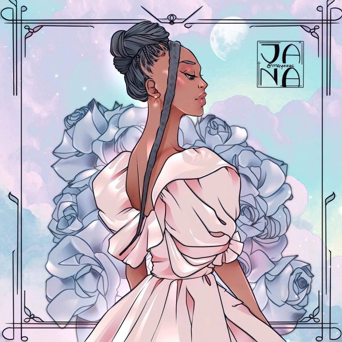 Digital illustration of a woman with dark skin and braided hair styled in an updo. She is wearing a flowing, off-the-shoulder pink dress with puffed sleeves. The background features light blue sky, a full moon, clouds, and white roses surrounding her