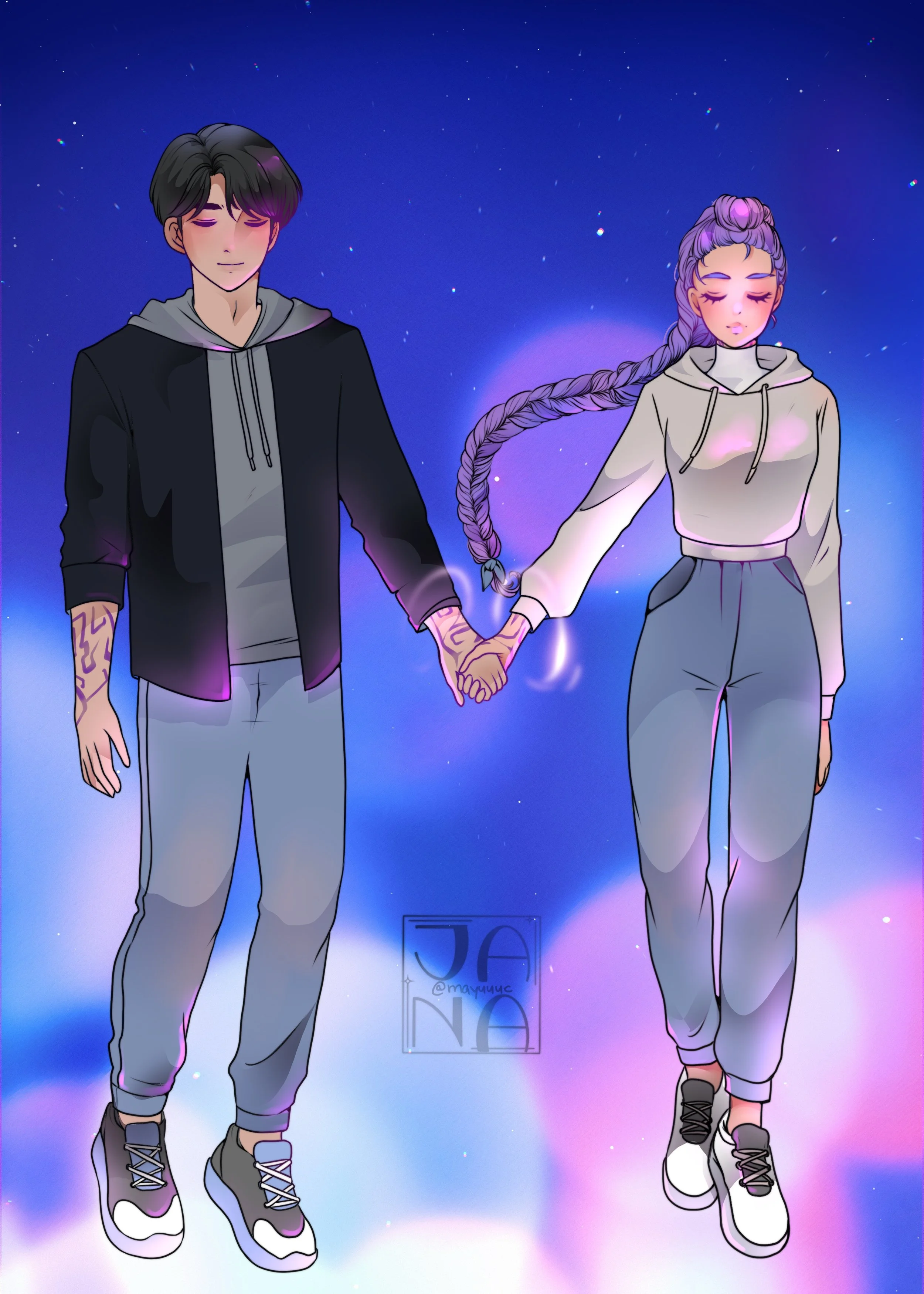 A digital illustration of a young man and woman holding hands, standing against a starry night sky with nebulae. The man has short black hair, pale skin, wearing a black jacket with a gray hoodie underneath, gray pants, and black and white sneakers. 