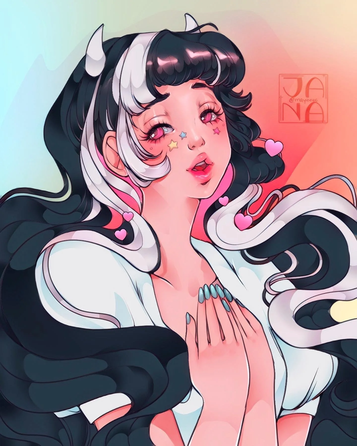 Anime-style digital illustration of a girl with long black and white hair, star and heart face stickers, pink eyes, wearing a white hoodie with colorful accents, holding her hands near her chest with a gentle expression.