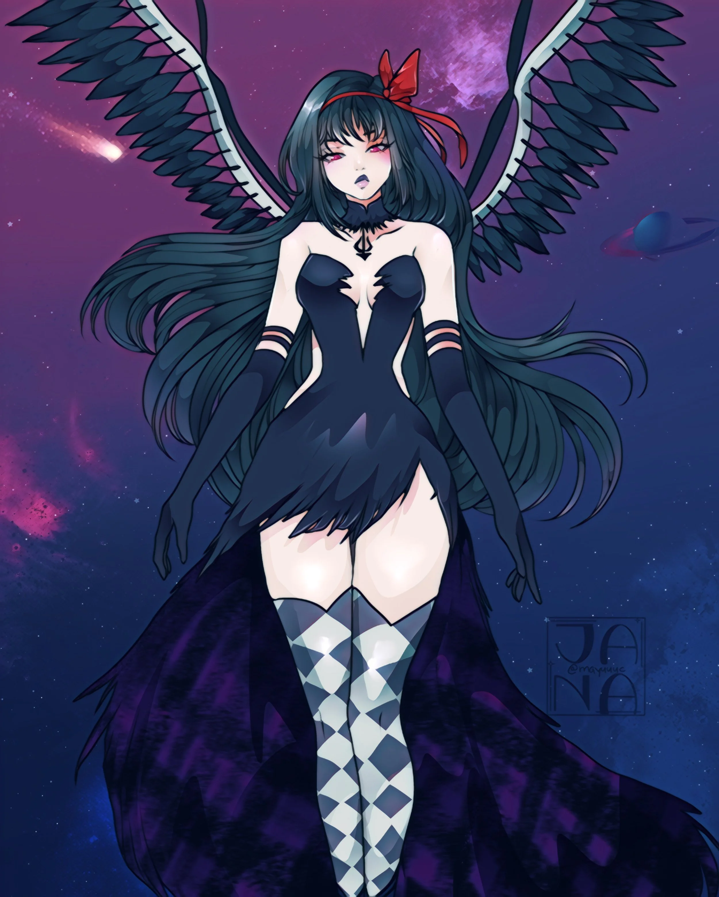 Anime-style female character with long black hair, black wings, red bow, and black dress with cutout detail, standing against a purple, starry space background with planets.