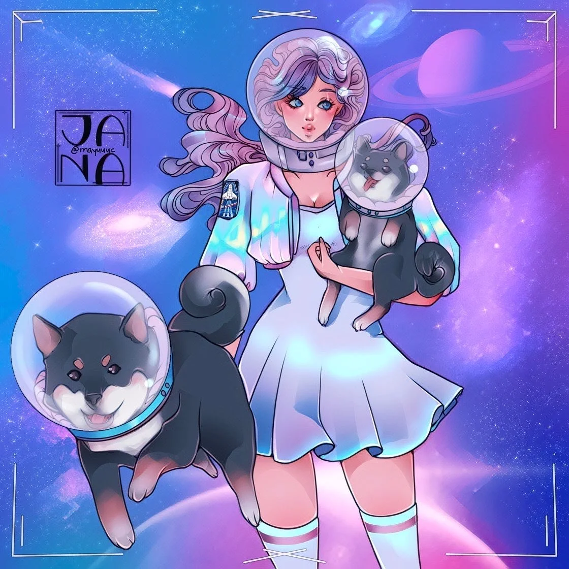Digital illustration of a young woman in a white space suit with a NASA patch, holding two black and white Shiba Inu dogs wearing space helmets, set against a colorful galaxy background.