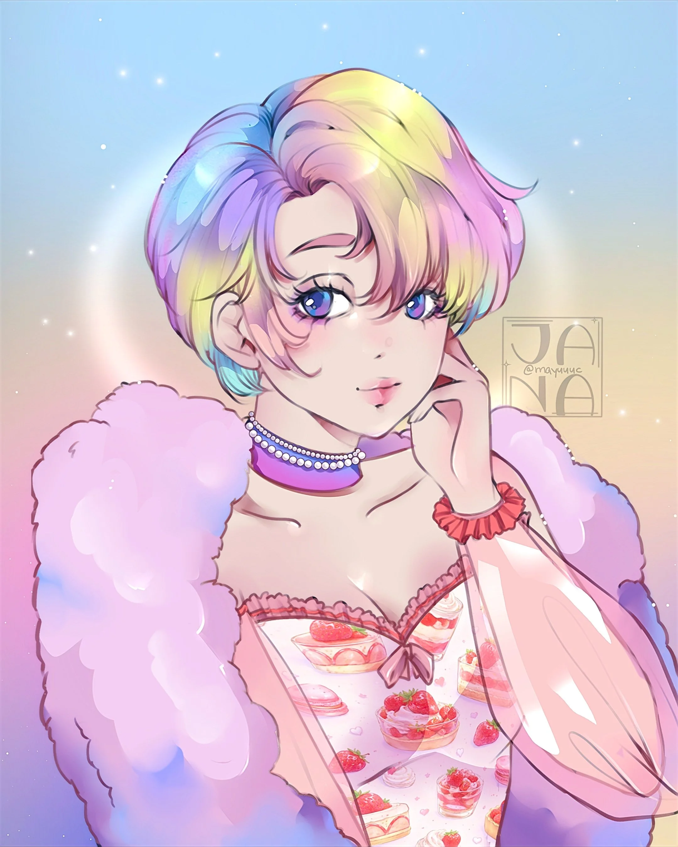 A colorful anime-style drawing of a girl with rainbow-colored hair, big blue eyes, wearing a pink fluffy jacket, jewelry, and a strawberry-themed dress. The background is pastel with sparkles.