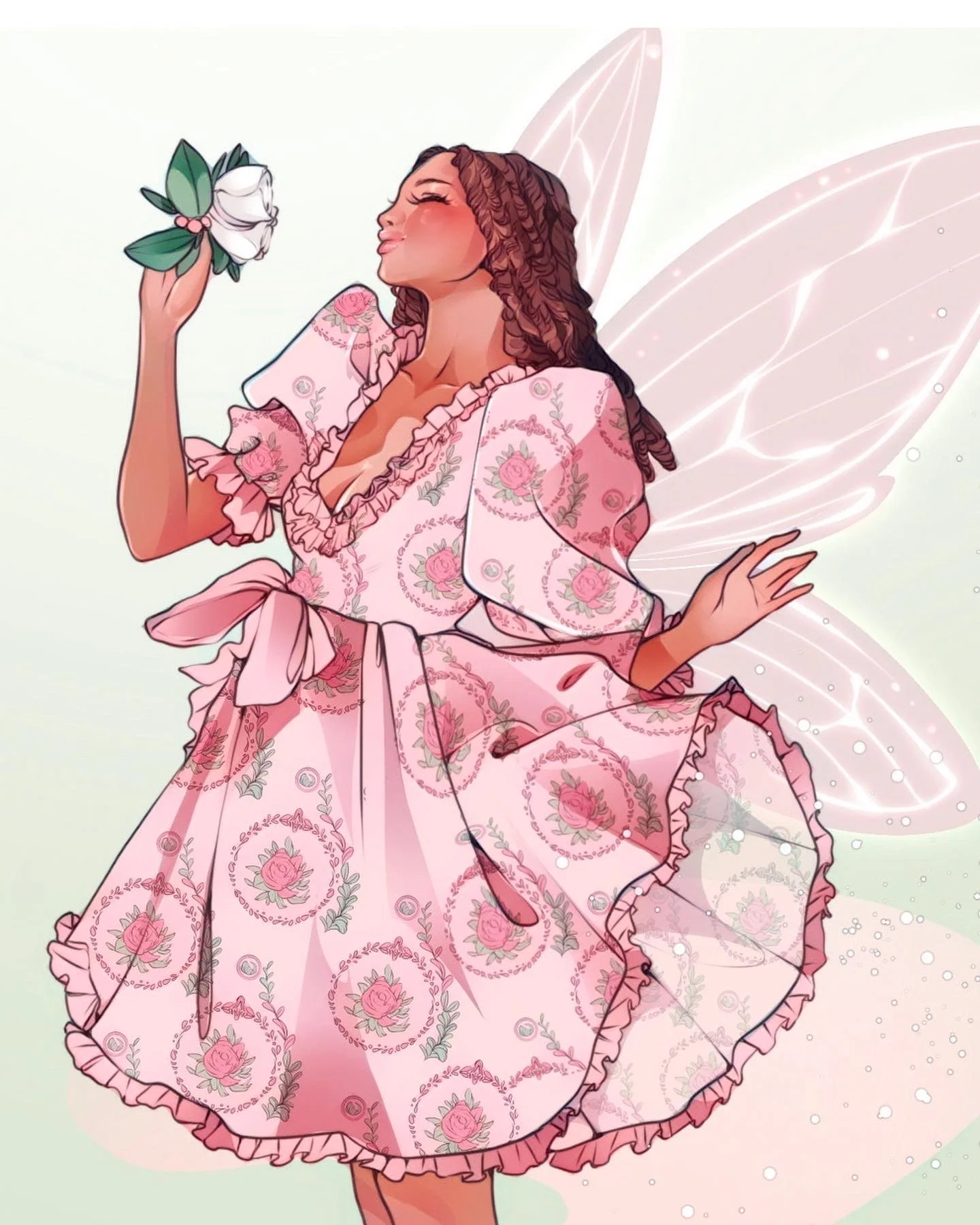 A fairy with pink wings wearing a pink floral dress is holding a white flower. She has curly brown hair and a tattoo on her arm.