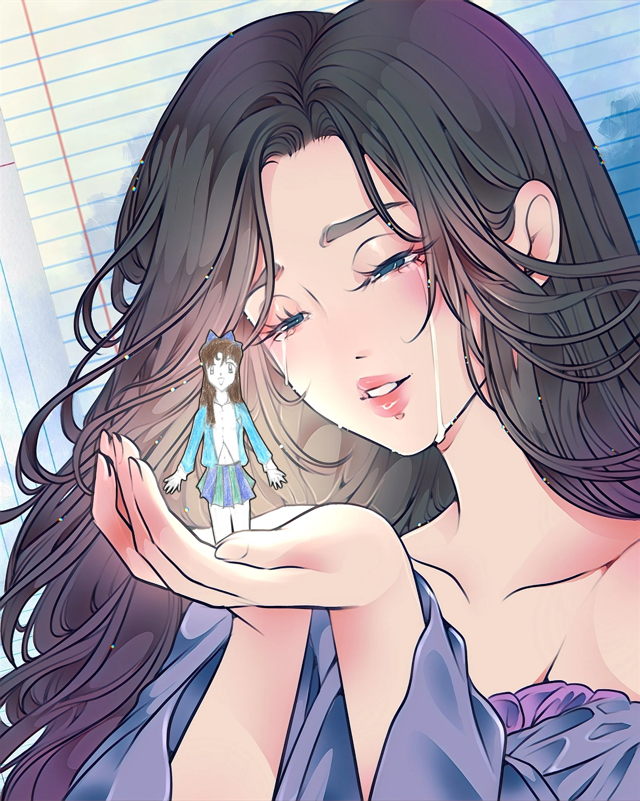 Anime-style illustration of a girl with long brown hair, closed eyes, and a gentle expression, holding a tiny, cartoonish girl in her hand against a background of lined notebook paper.