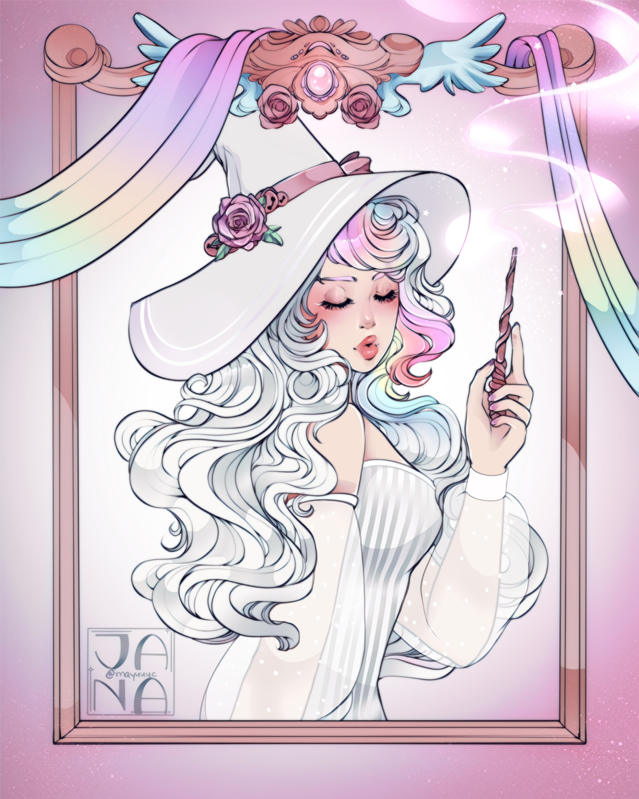 A digital illustration of a woman with long, flowing pastel-colored hair, wearing a large wide-brimmed hat decorated with pink roses and a ribbon. She is holding a magical staff, with a serene expression on her face. The background is pink with stars