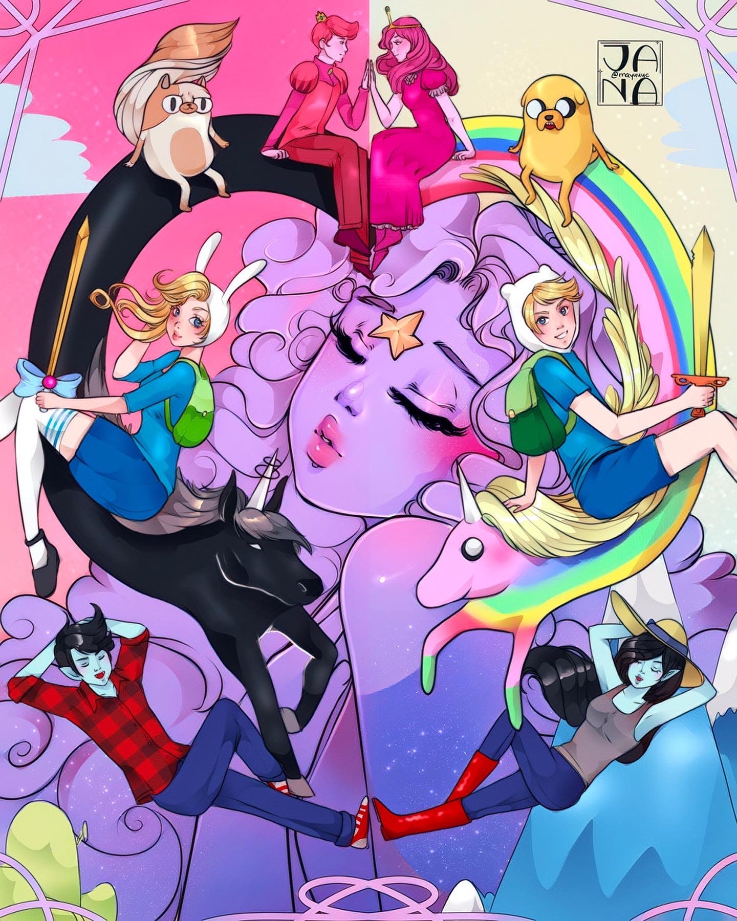 Colorful animated scene featuring a large purple sleeping face of a girl with star on her forehead, cloud-like surroundings, a rainbow, and characters and creatures including a girl with bunny ears, a boy with a unicorn horn, a girl with long blonde 