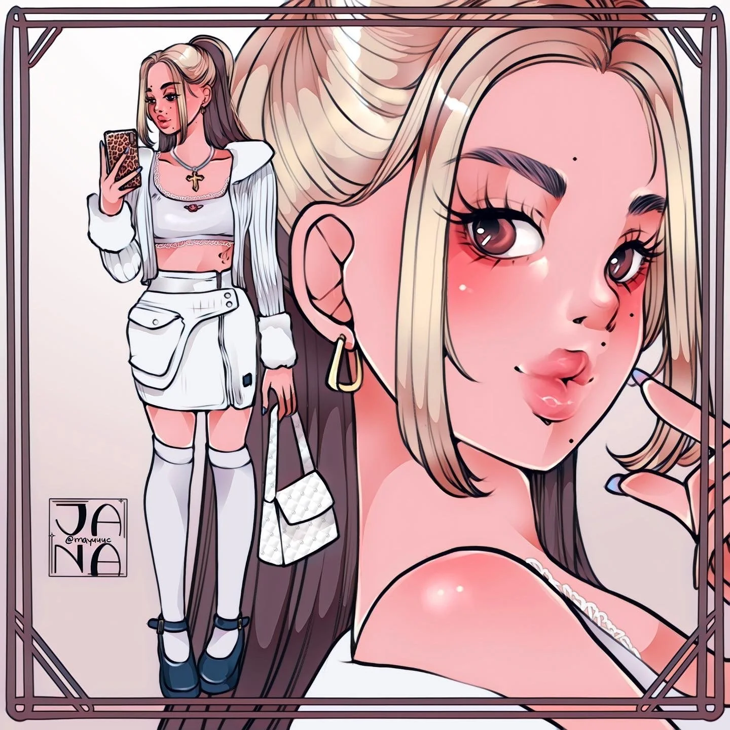A digital illustration of a young woman with long, dark hair taking a selfie. The image features a close-up of her face on the right side and a full-body view of her on the left, showing her in a fashionable outfit with a crop top, skirt, and thigh-h