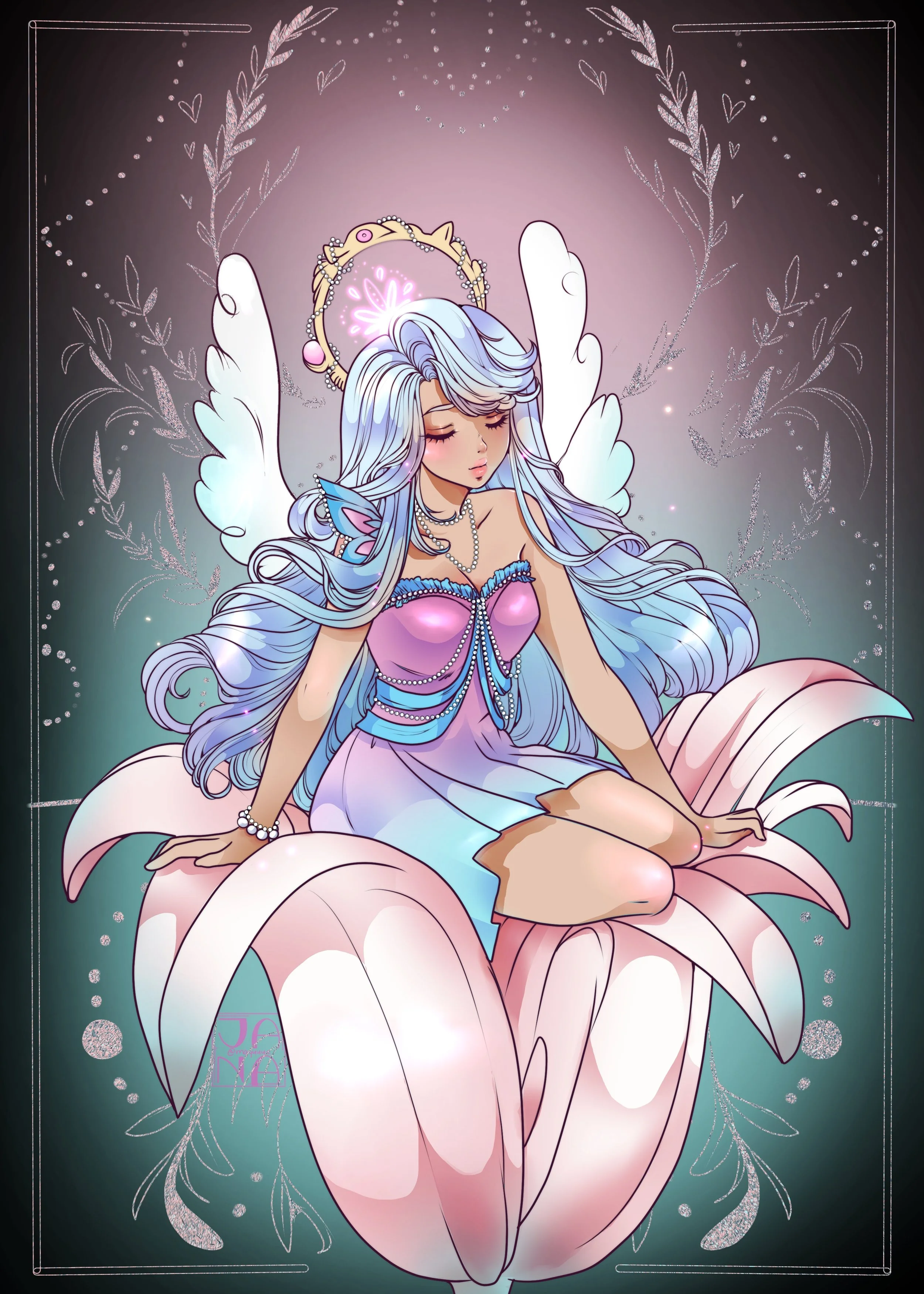 An anime-style illustration of a fairy woman with long, flowing silver hair, white wings, and a pink dress, sitting on a large pink flower with a glowing pink crown above her head. She is surrounded by decorative sparkles and silver leaf patterns.