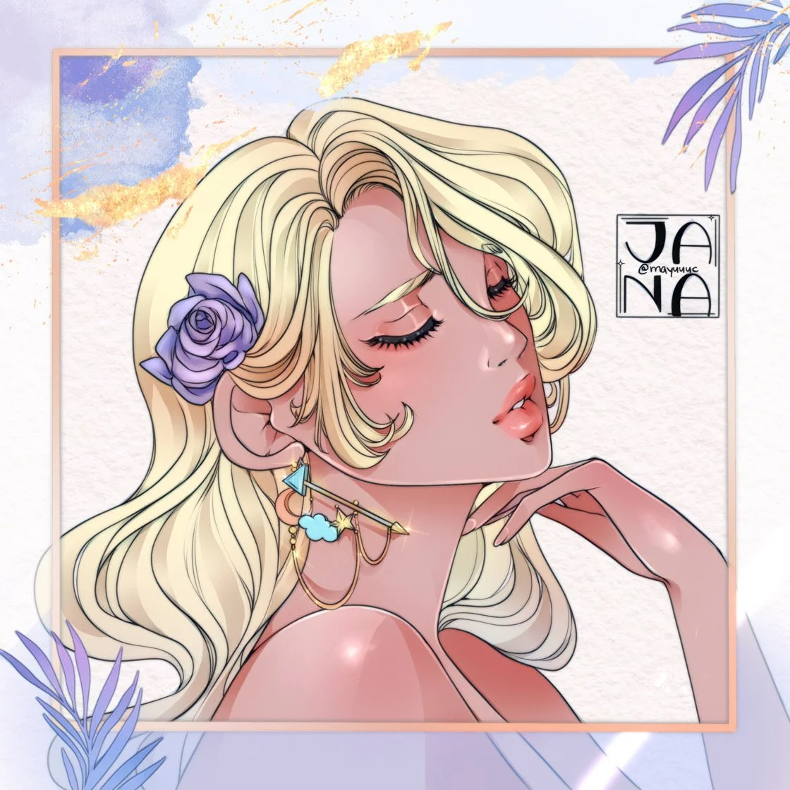 Digital illustration of a woman with long blonde hair, closed eyes, wearing purple flowers in her hair and celestial-themed earrings, set against a pastel, watercolor background with tropical leaves.
