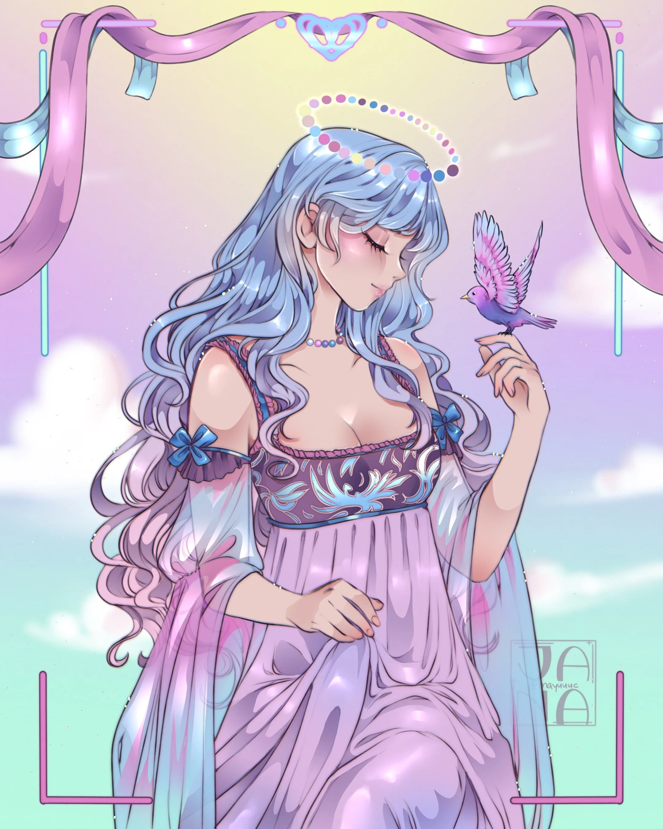 Anime-style illustration of a young woman with long, flowing blue hair, closed eyes, and a gentle expression, holding a purple bird on her finger, with pastel-colored background and decorative elements.