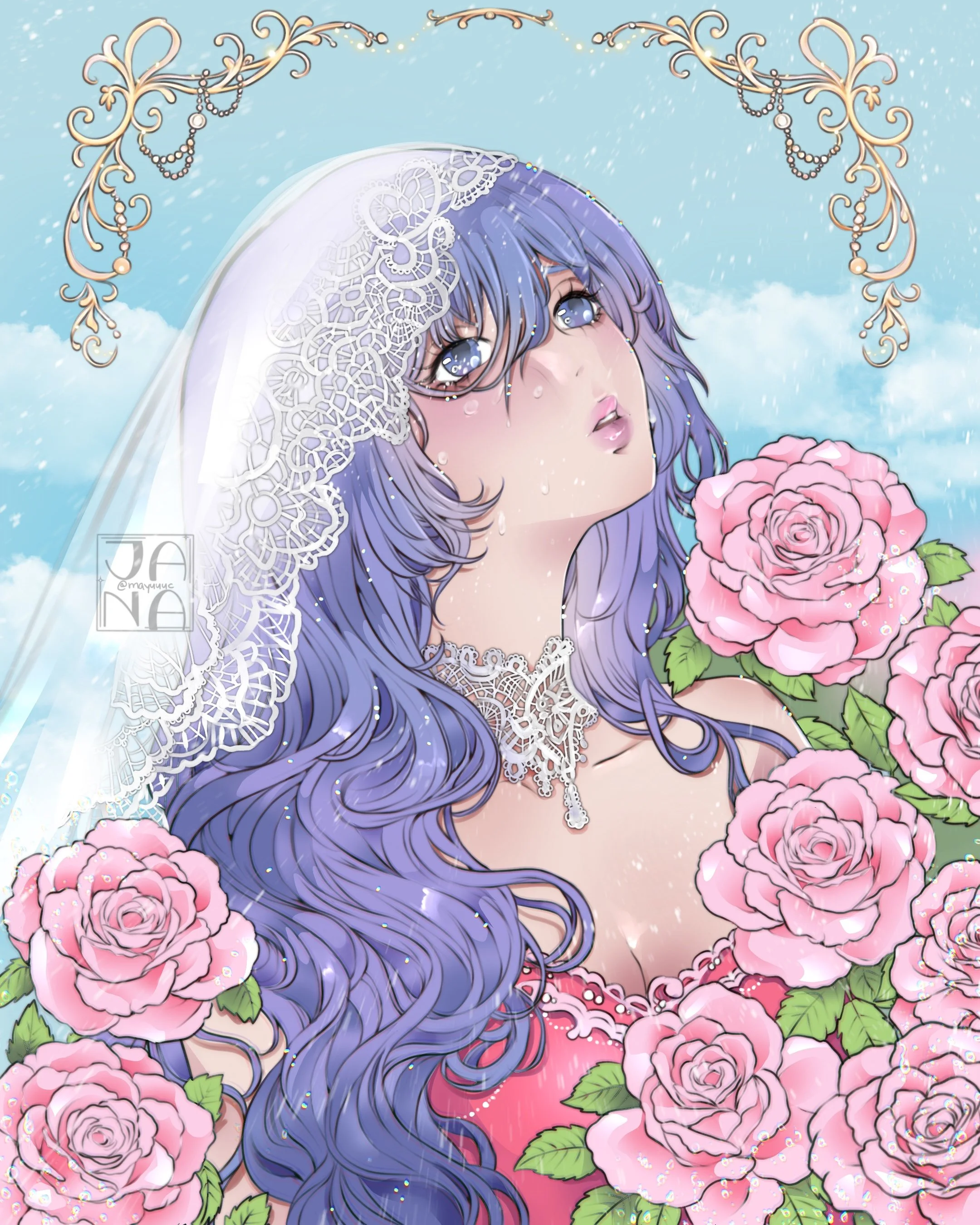 Anime-style illustration of a girl with long, wavy purple hair and large blue eyes, wearing a lace veil and a pink dress with roses, holding a bouquet of pink roses, with a light blue sky and clouds in the background, decorated with gold ornate eleme