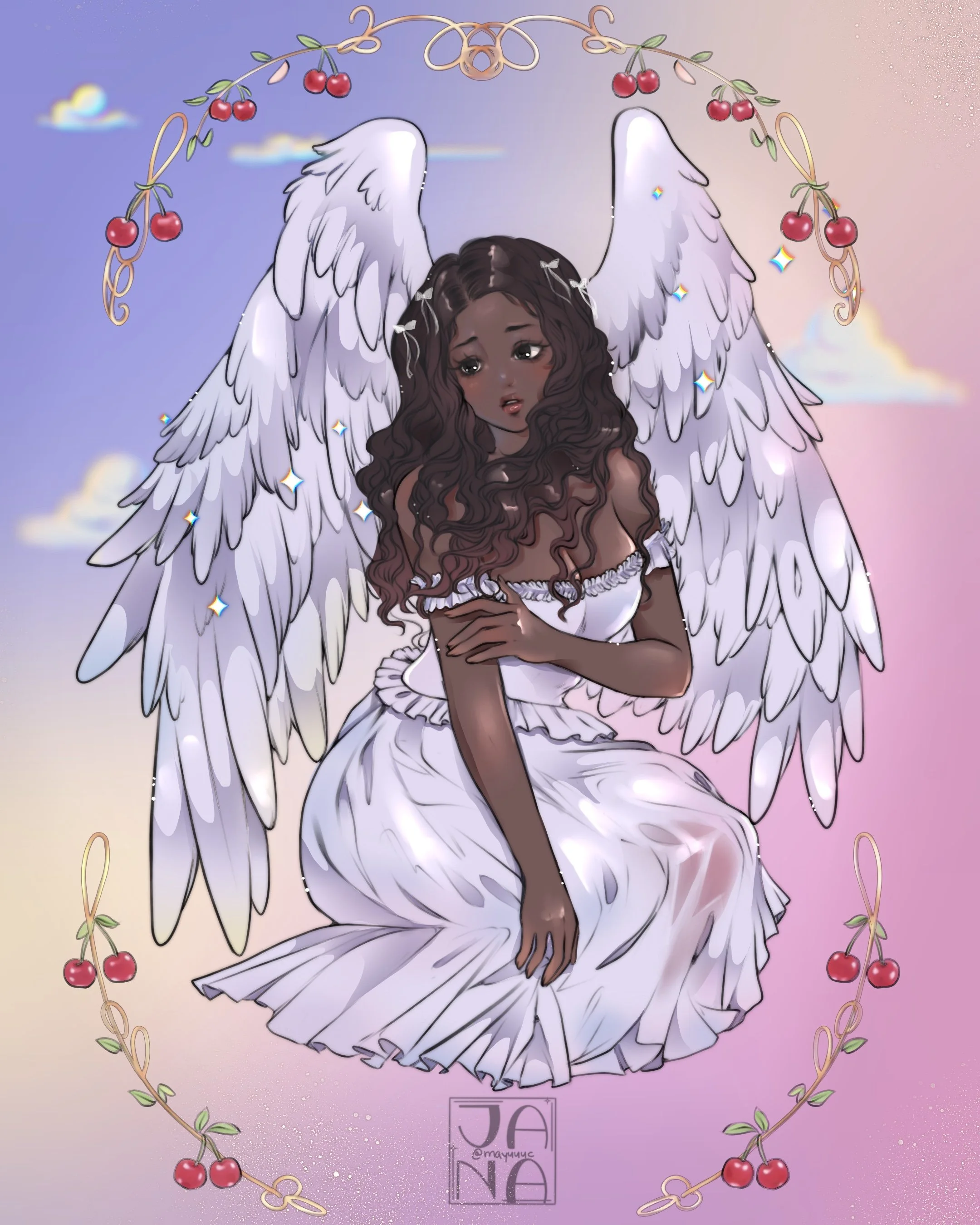 An illustrated woman with dark, curly hair is depicted with large white angel wings and a somber expression. She is dressed in white, with her hands clasped near her waist. The background features a colorful sky with soft pastel clouds and a decorati
