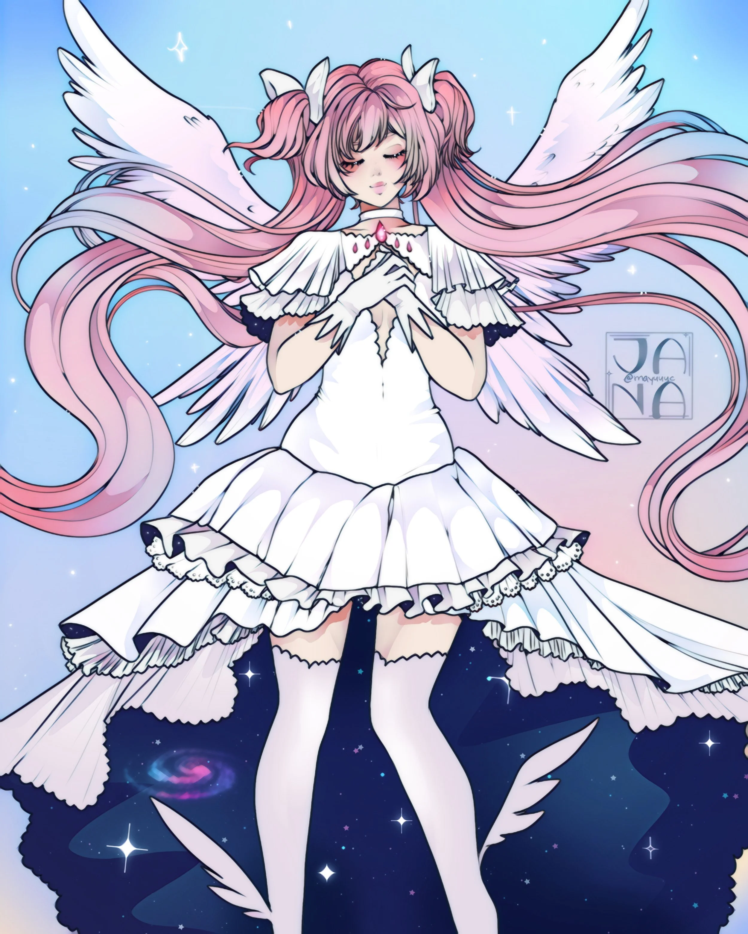 Anime-style illustration of a female character with pink hair, white wings, and fox-like features, wearing a white dress with ruffled layers and black thigh-high stockings, set against a starry, cosmic background.