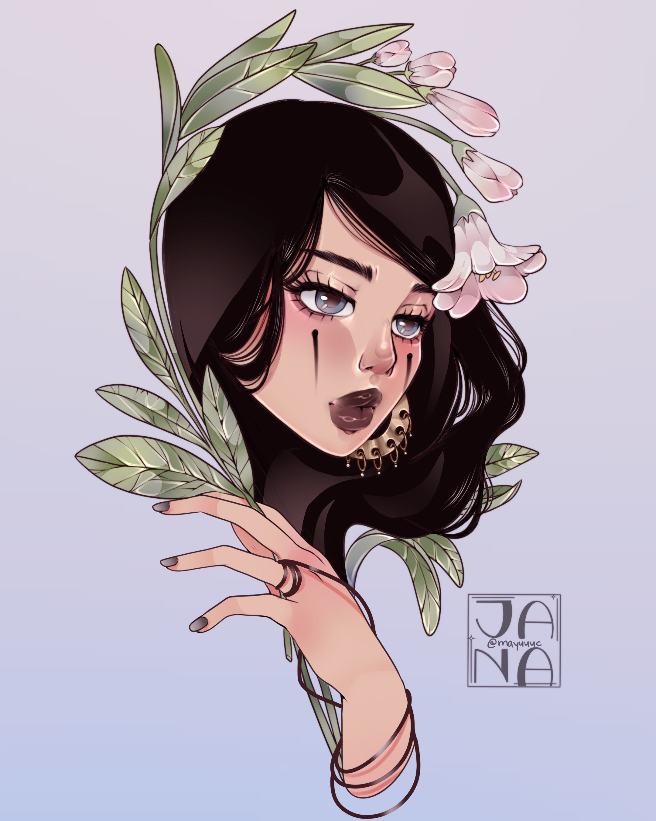 Digital illustration of a woman with long dark hair, light blue eyes, and makeup, surrounded by pink flowers and green leaves, with a partial view of her face and hand, and a signature in the corner.
