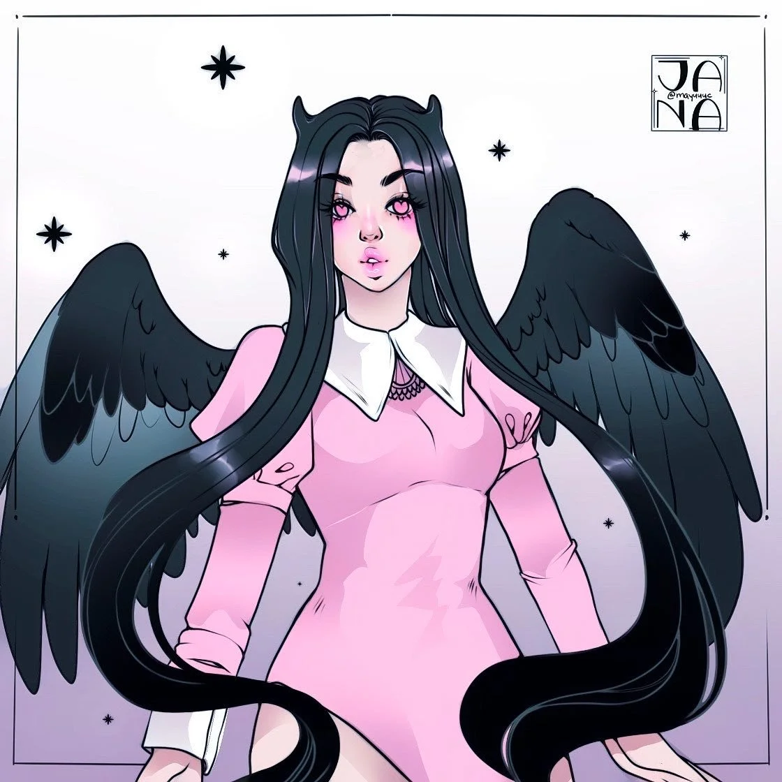 Digital illustration of a girl with long black hair, pink eyes, and pink cheeks, wearing a pink dress with a white collar. She has black angel wings and small black star accents around her.